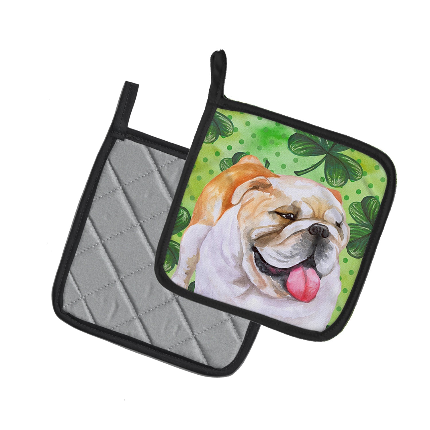 English Bulldog St Patrick's Pot Holder Set of 2 Heat Resistant Quilted Hot Pads 7.5 x 7.5 Inch, Insulated Kitchen Trivets for Cooking & Baking