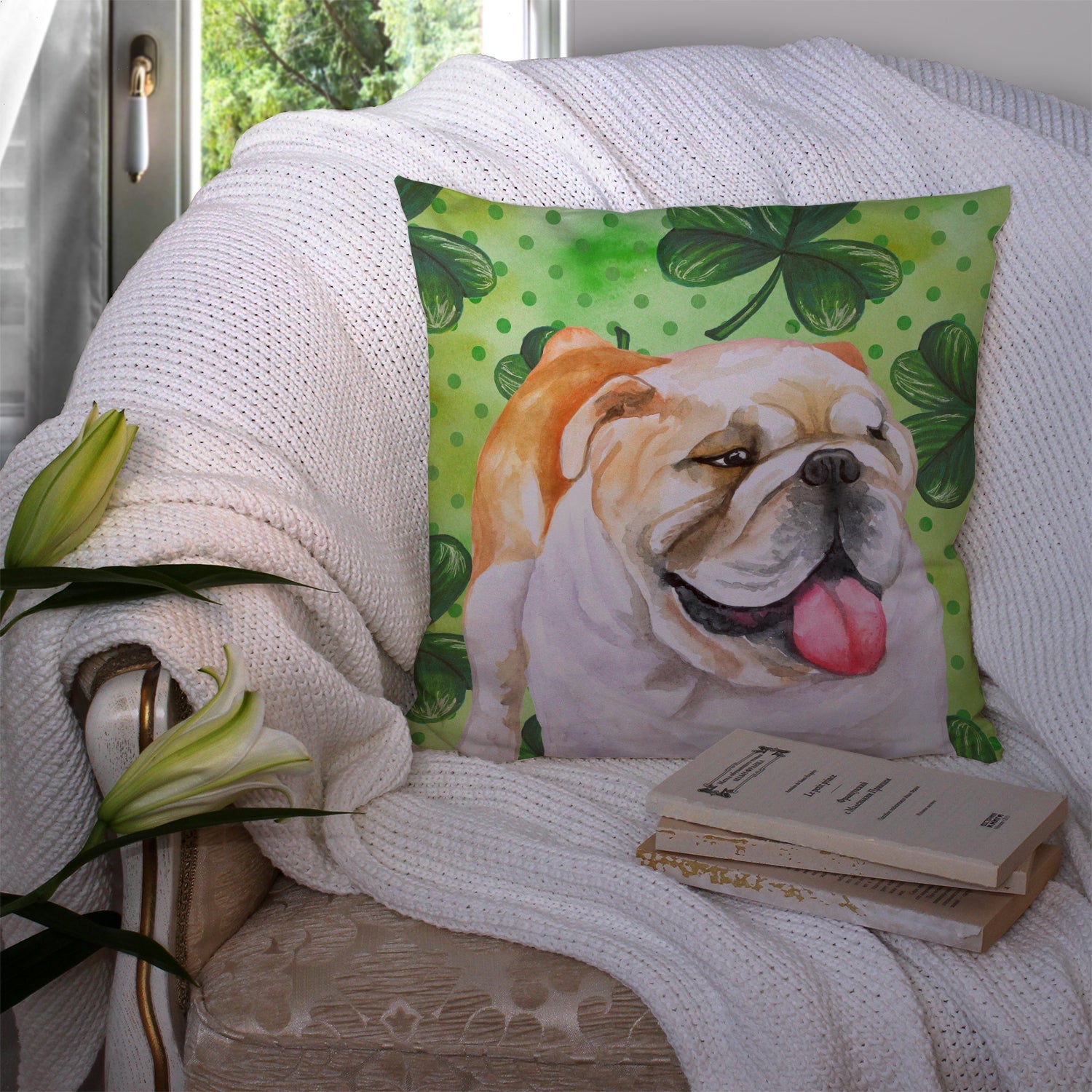English Bulldog St Patrick's Decorative Throw Pillow 14x14 Indoor Outdoor Accent Cushion, Fabric Cover with Insert for Sofa, Bed, Porch & Living Room