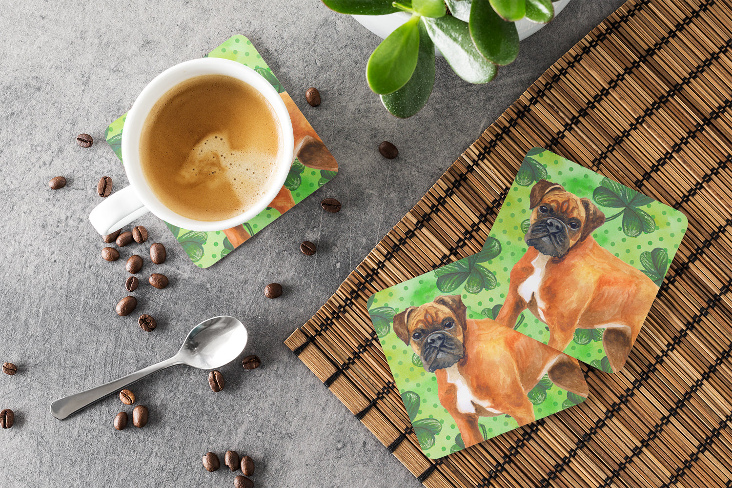 German Boxer St Patrick's Foam Coasters Set of 4 Cup Coasters for Indoor Outdoor, Tabletop Protection, Anti Slip, Mouse pad Material