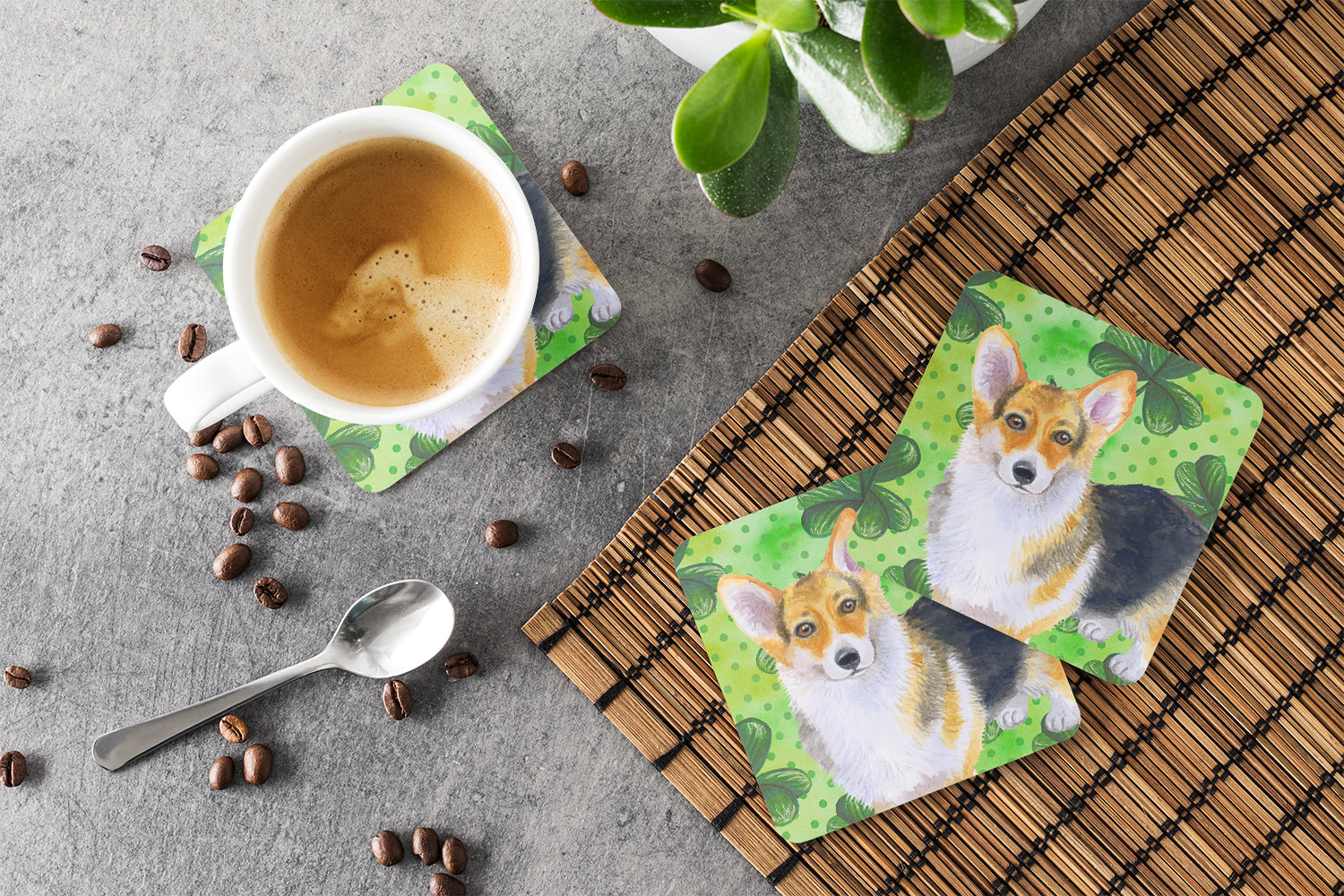 Pembroke Corgi St Patrick's Foam Coasters Set of 4 Cup Coasters for Indoor Outdoor, Tabletop Protection, Anti Slip, Mouse pad Material