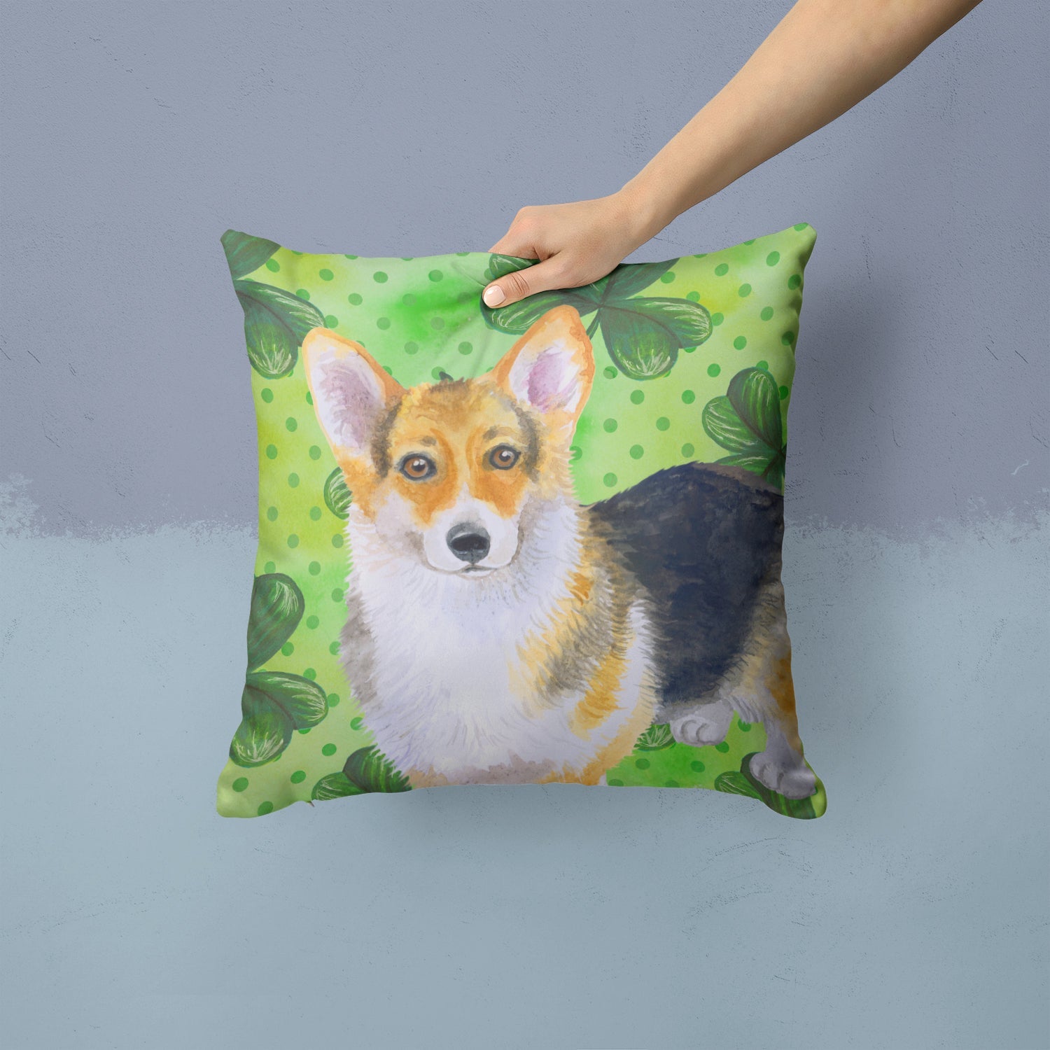 Pembroke Corgi St Patrick's Decorative Throw Pillow 14x14 Indoor Outdoor Accent Cushion, Fabric Cover with Insert for Sofa, Bed, Porch & Living Room