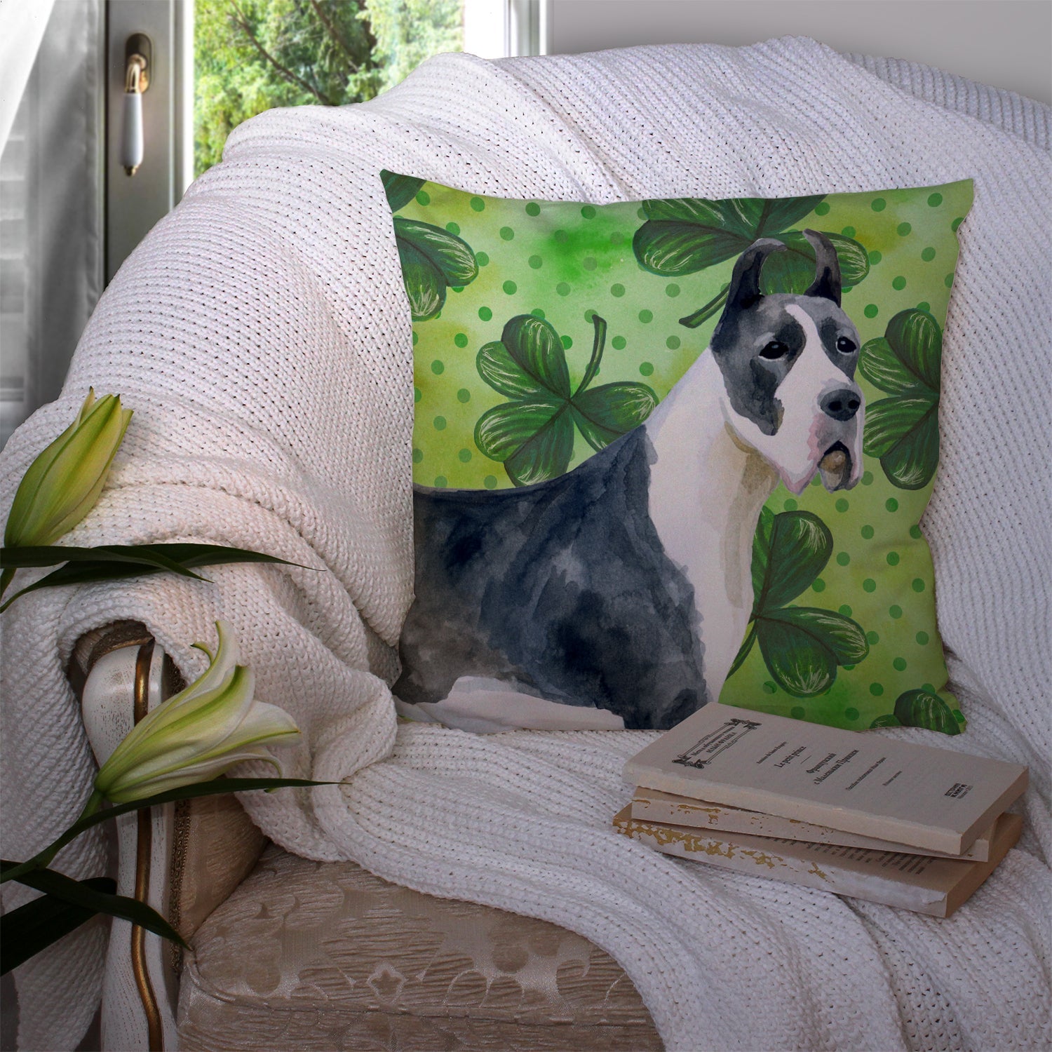 Harlequin Great Dane St Patrick's Decorative Throw Pillow 14x14 Indoor Outdoor Accent Cushion, Fabric Cover with Insert for Sofa, Bed, Porch & Living Room