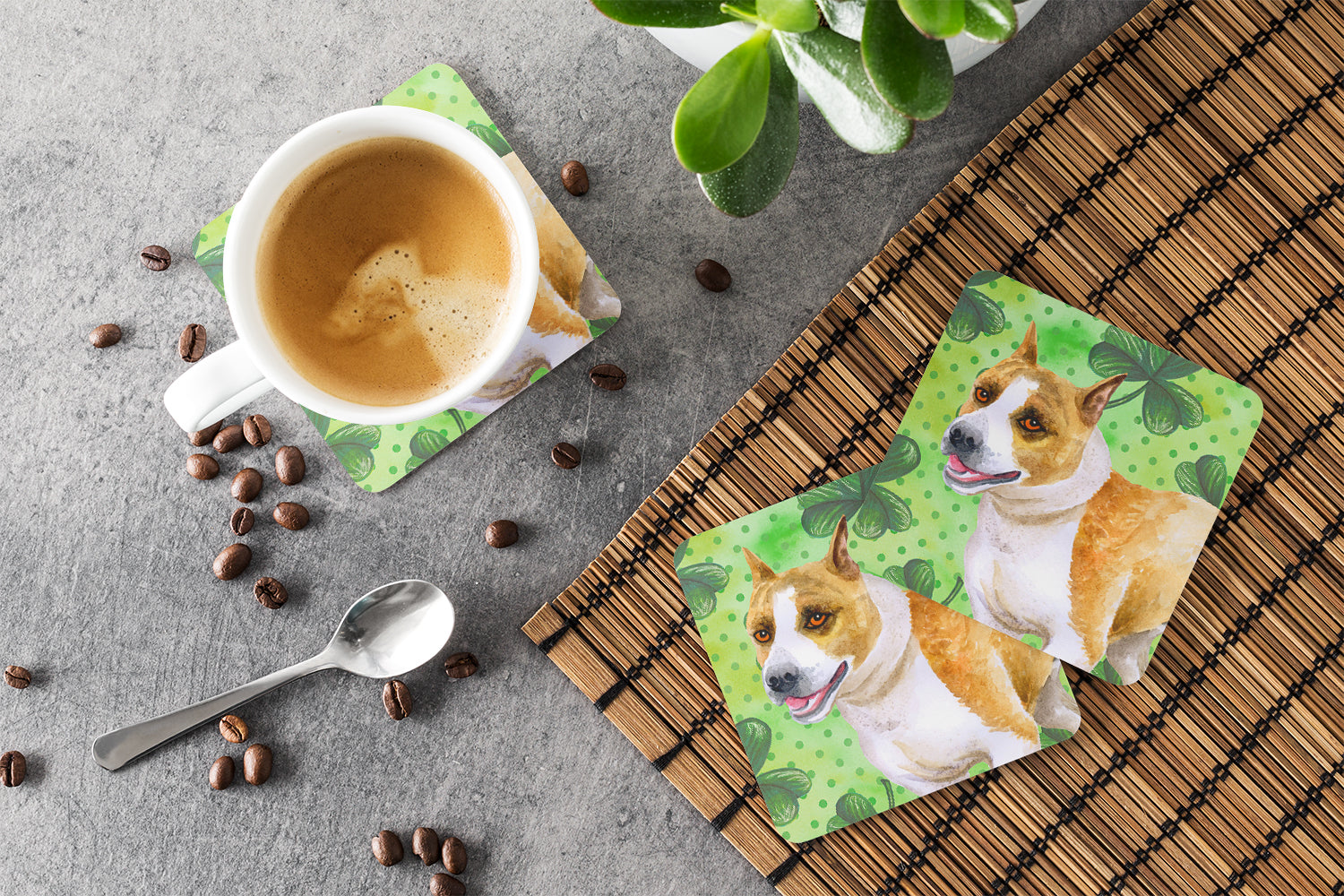 American Staffordshire St Patrick's Foam Coasters Set of 4 Cup Coasters for Indoor Outdoor, Tabletop Protection, Anti Slip, Mouse pad Material