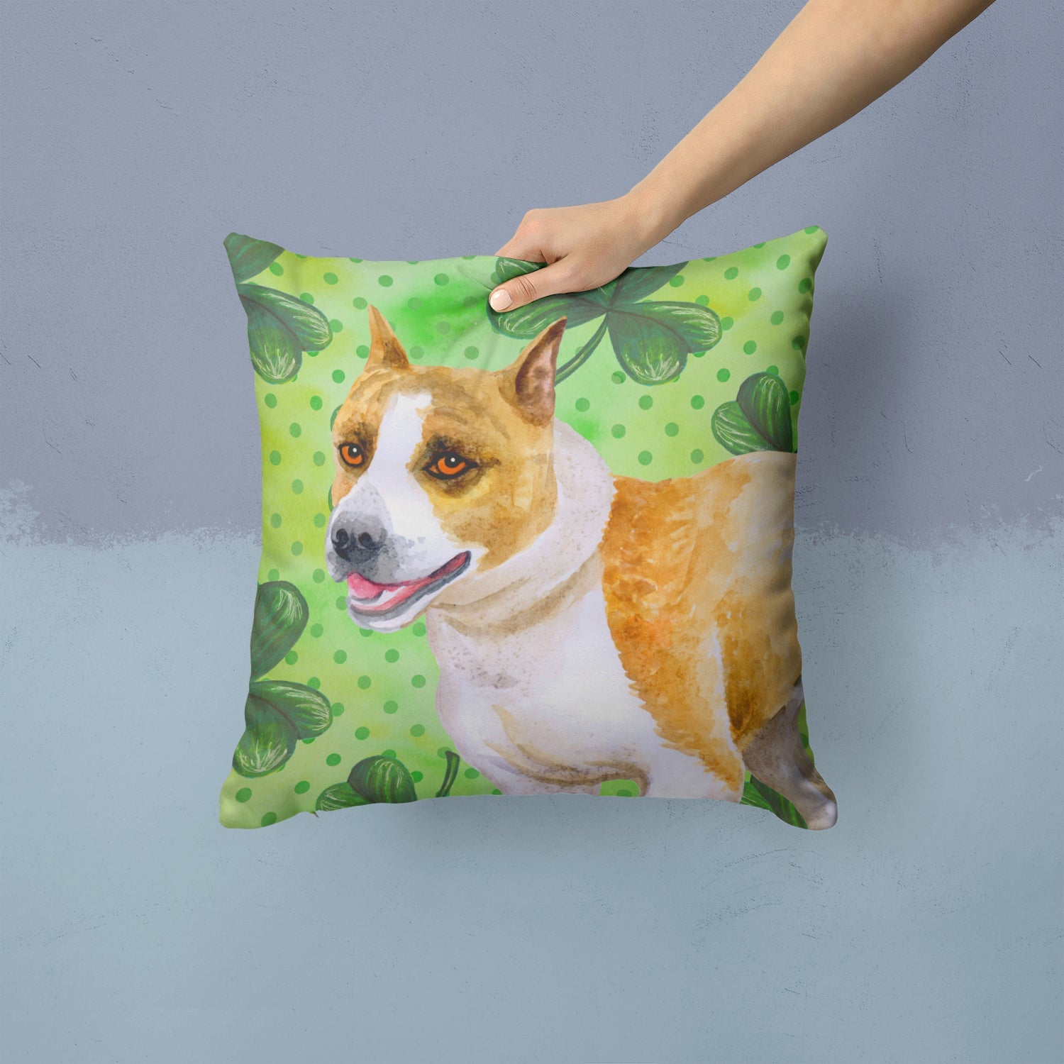American Staffordshire St Patrick's Decorative Throw Pillow 14x14 Indoor Outdoor Accent Cushion, Fabric Cover with Insert for Sofa, Bed, Porch & Living Room