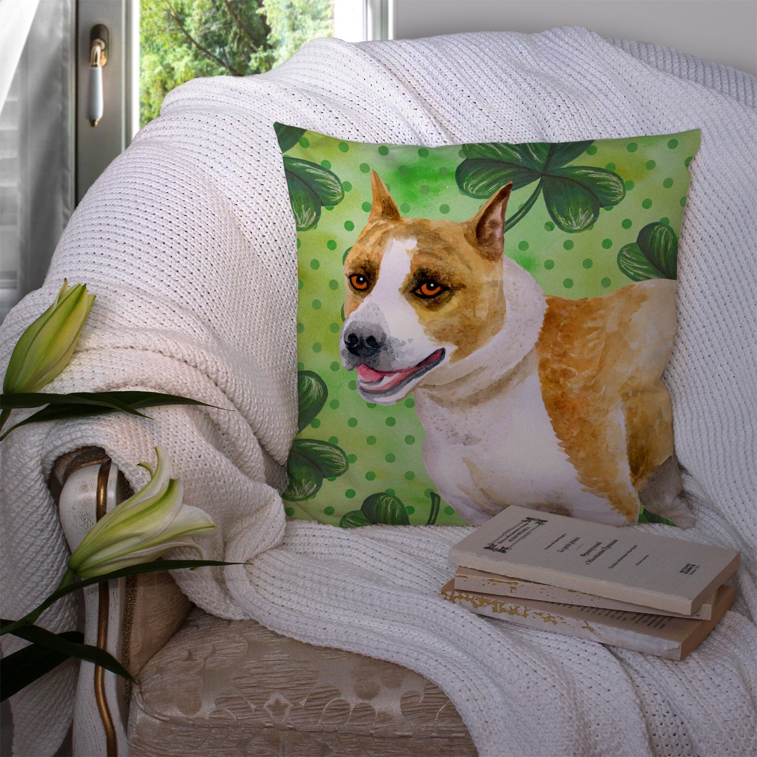 American Staffordshire St Patrick's Decorative Throw Pillow 14x14 Indoor Outdoor Accent Cushion, Fabric Cover with Insert for Sofa, Bed, Porch & Living Room