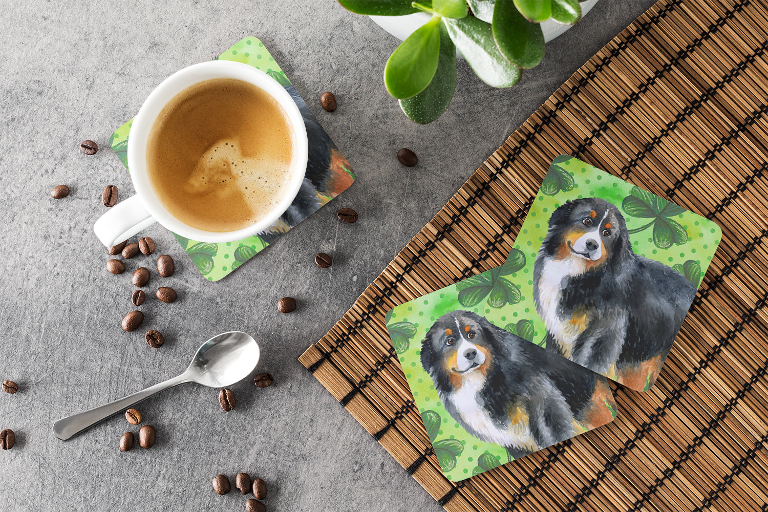 Bernese Mountain Dog St Patrick's Foam Coasters Set of 4 Cup Coasters for Indoor Outdoor, Tabletop Protection, Anti Slip, Mouse pad Material
