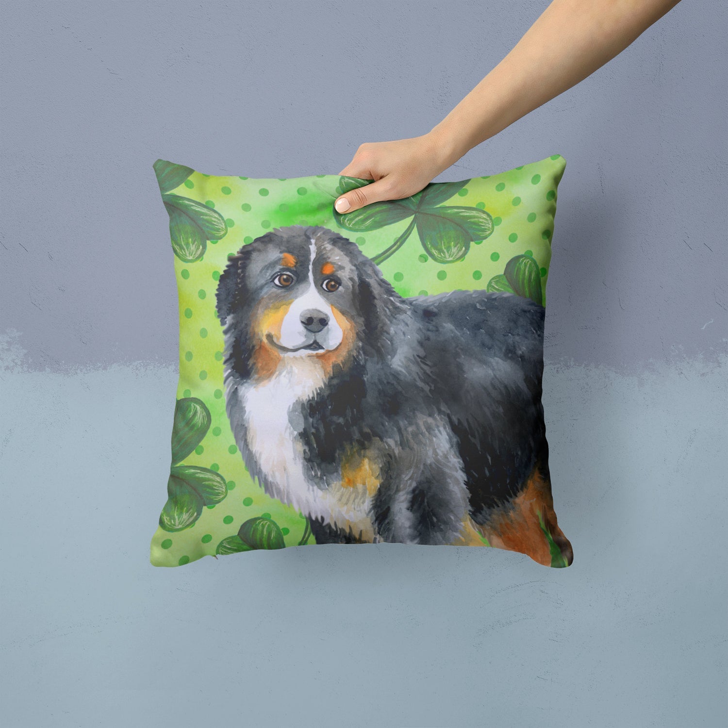 Bernese Mountain Dog St Patrick's Decorative Throw Pillow 14x14 Indoor Outdoor Accent Cushion, Fabric Cover with Insert for Sofa, Bed, Porch & Living Room