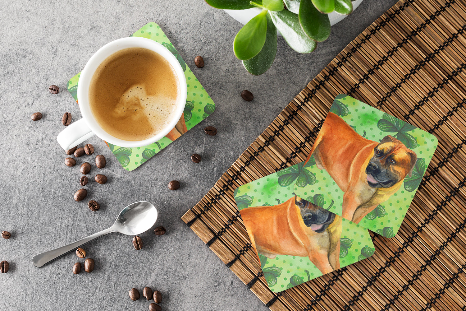 Boerboel Mastiff St Patrick's Foam Coasters Set of 4 Cup Coasters for Indoor Outdoor, Tabletop Protection, Anti Slip, Mouse pad Material