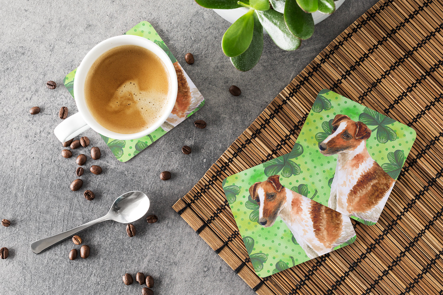 Smooth Fox Terrier St Patrick's Foam Coasters Set of 4 Cup Coasters for Indoor Outdoor, Tabletop Protection, Anti Slip, Mouse pad Material