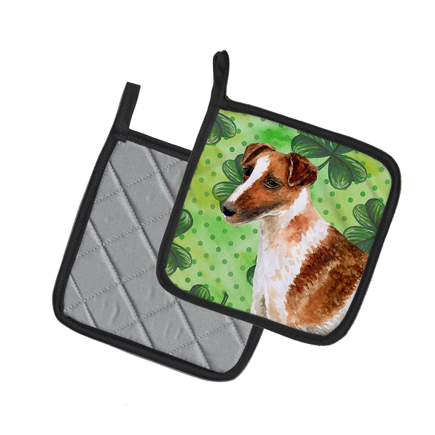 Smooth Fox Terrier St Patrick's Pot Holder Set of 2 Heat Resistant Quilted Hot Pads 7.5 x 7.5 Inch, Insulated Kitchen Trivets for Cooking & Baking