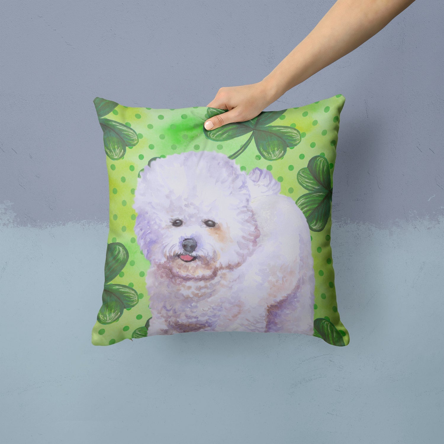 Bichon Frise St Patrick's Decorative Throw Pillow 14x14 Indoor Outdoor Accent Cushion, Fabric Cover with Insert for Sofa, Bed, Porch & Living Room