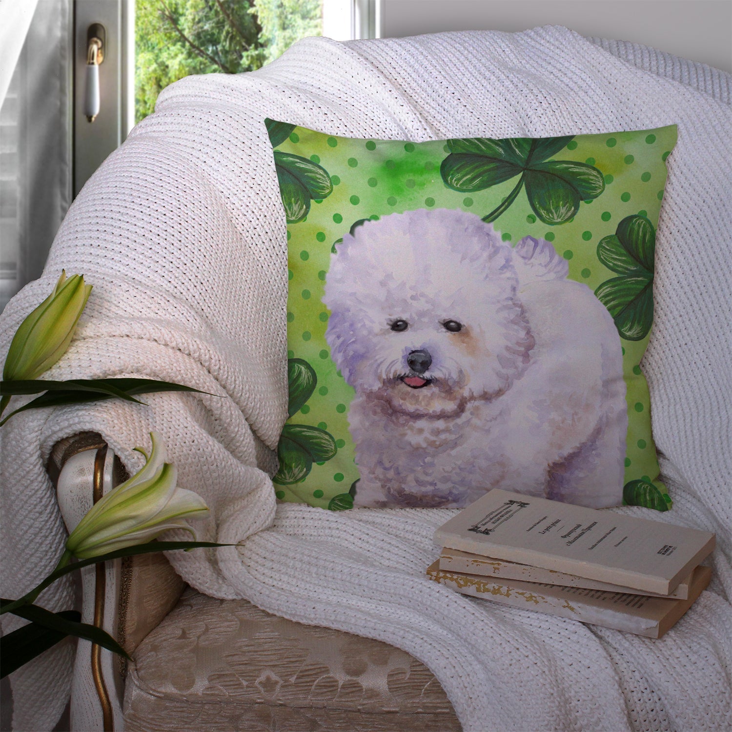 Bichon Frise St Patrick's Decorative Throw Pillow 14x14 Indoor Outdoor Accent Cushion, Fabric Cover with Insert for Sofa, Bed, Porch & Living Room