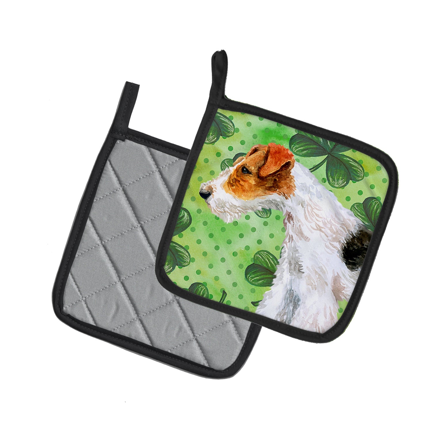 Fox Terrier St Patrick's Pot Holder Set of 2 Heat Resistant Quilted Hot Pads 7.5 x 7.5 Inch, Insulated Kitchen Trivets for Cooking & Baking