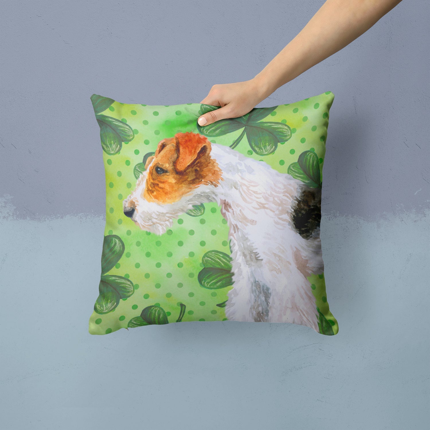 Fox Terrier St Patrick's Decorative Throw Pillow 14x14 Indoor Outdoor Accent Cushion, Fabric Cover with Insert for Sofa, Bed, Porch & Living Room