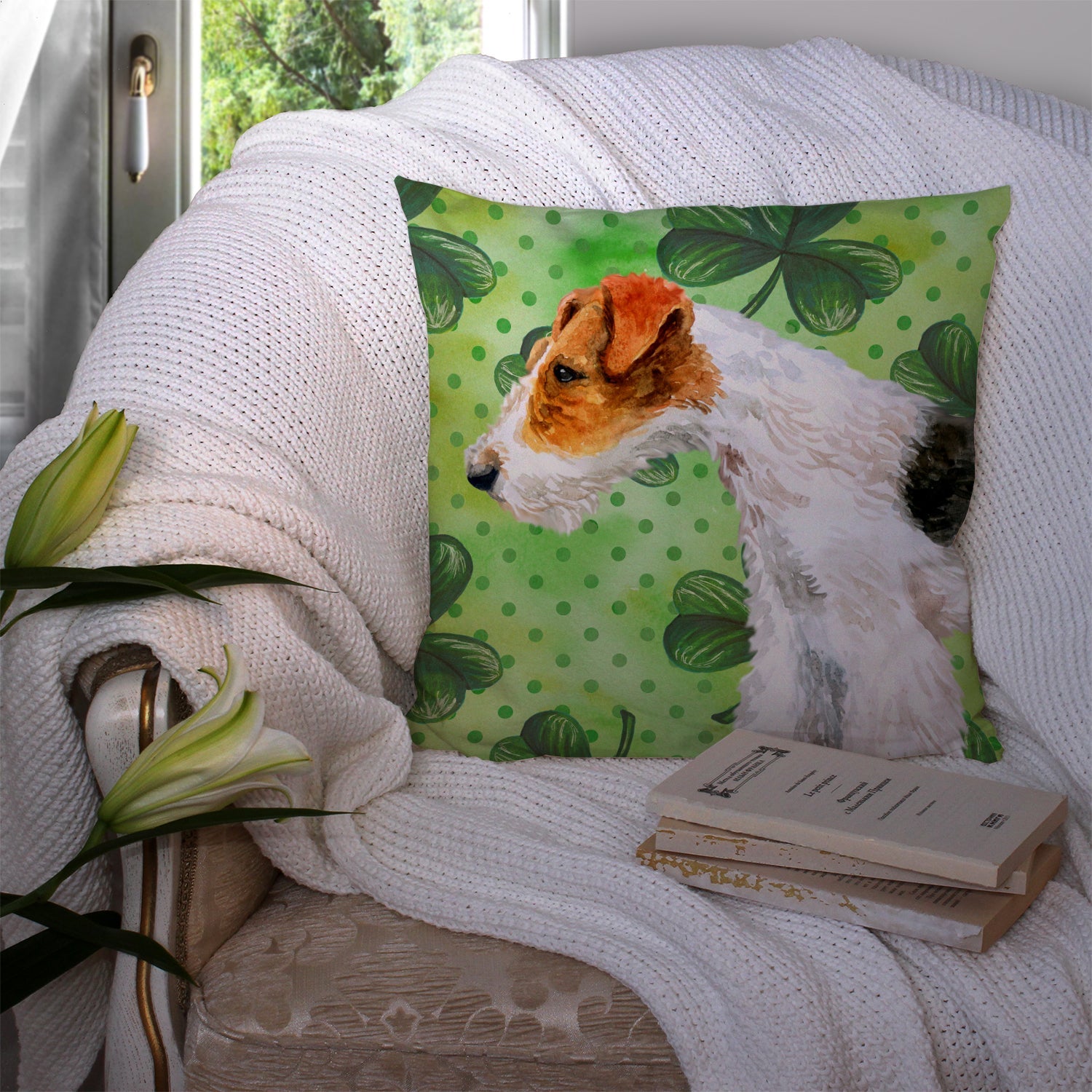Fox Terrier St Patrick's Decorative Throw Pillow 14x14 Indoor Outdoor Accent Cushion, Fabric Cover with Insert for Sofa, Bed, Porch & Living Room