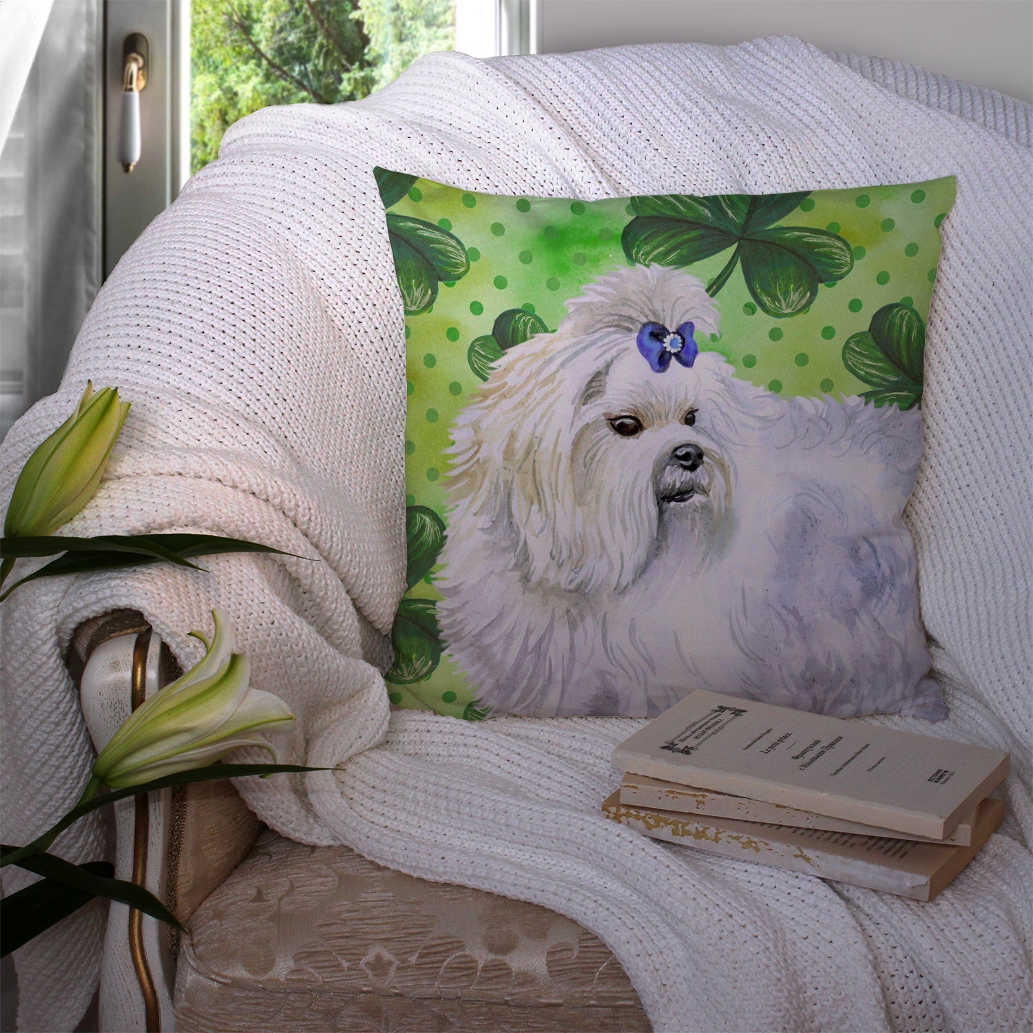 Maltese St Patrick's Decorative Throw Pillow 14x14 Indoor Outdoor Accent Cushion, Fabric Cover with Insert for Sofa, Bed, Porch & Living Room