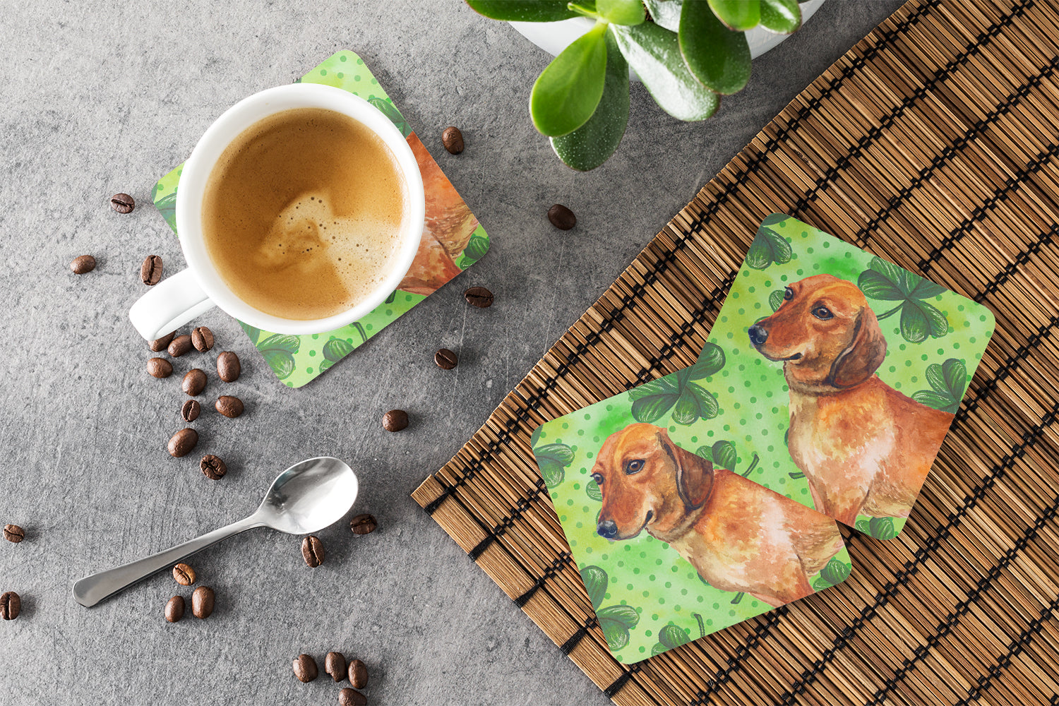 Dachshund St Patrick's Foam Coasters Set of 4 Cup Coasters for Indoor Outdoor, Tabletop Protection, Anti Slip, Mouse pad Material