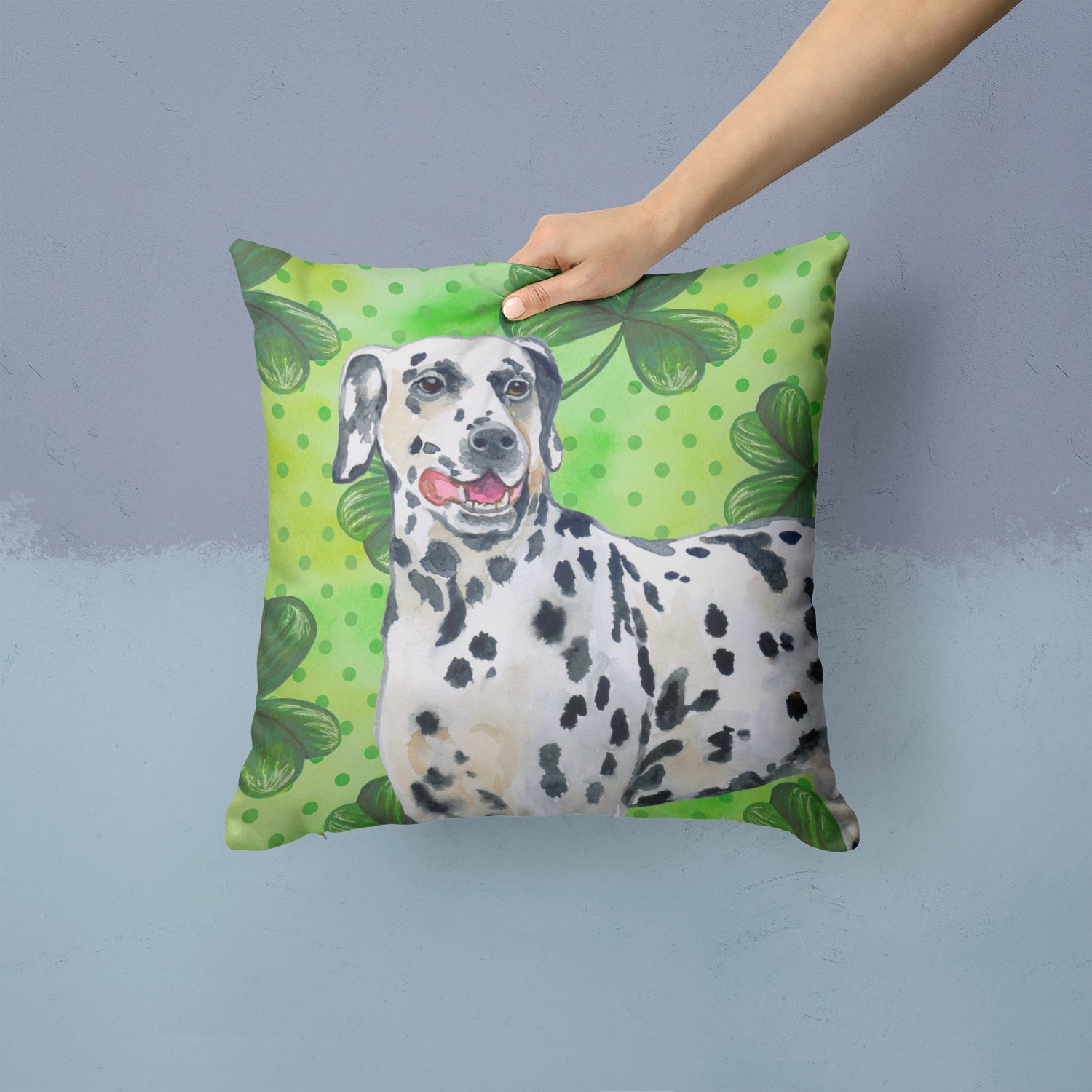 Dalmatian St Patrick's Decorative Throw Pillow 14x14 Indoor Outdoor Accent Cushion, Fabric Cover with Insert for Sofa, Bed, Porch & Living Room