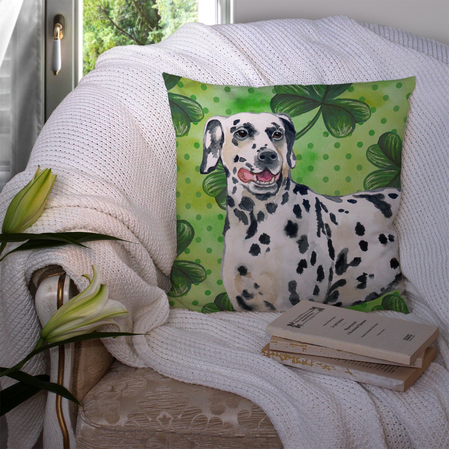 Dalmatian St Patrick's Decorative Throw Pillow 14x14 Indoor Outdoor Accent Cushion, Fabric Cover with Insert for Sofa, Bed, Porch & Living Room