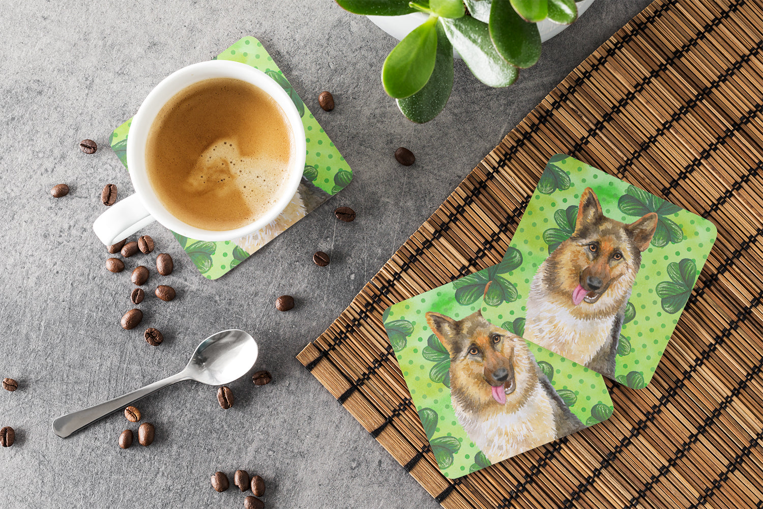 German Shepherd St Patrick's Foam Coasters Set of 4 Cup Coasters for Indoor Outdoor, Tabletop Protection, Anti Slip, Mouse pad Material