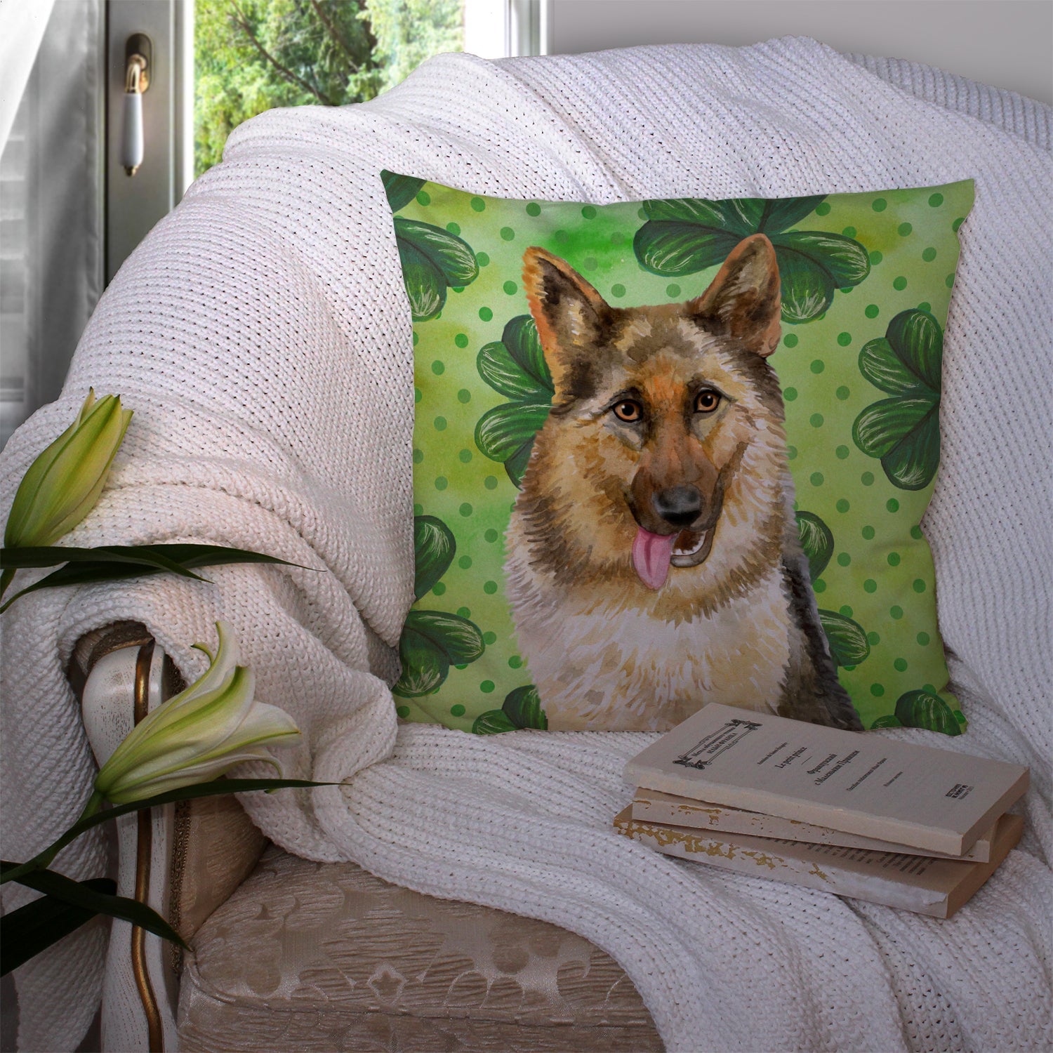 German Shepherd St Patrick's Decorative Throw Pillow 14x14 Indoor Outdoor Accent Cushion, Fabric Cover with Insert for Sofa, Bed, Porch & Living Room