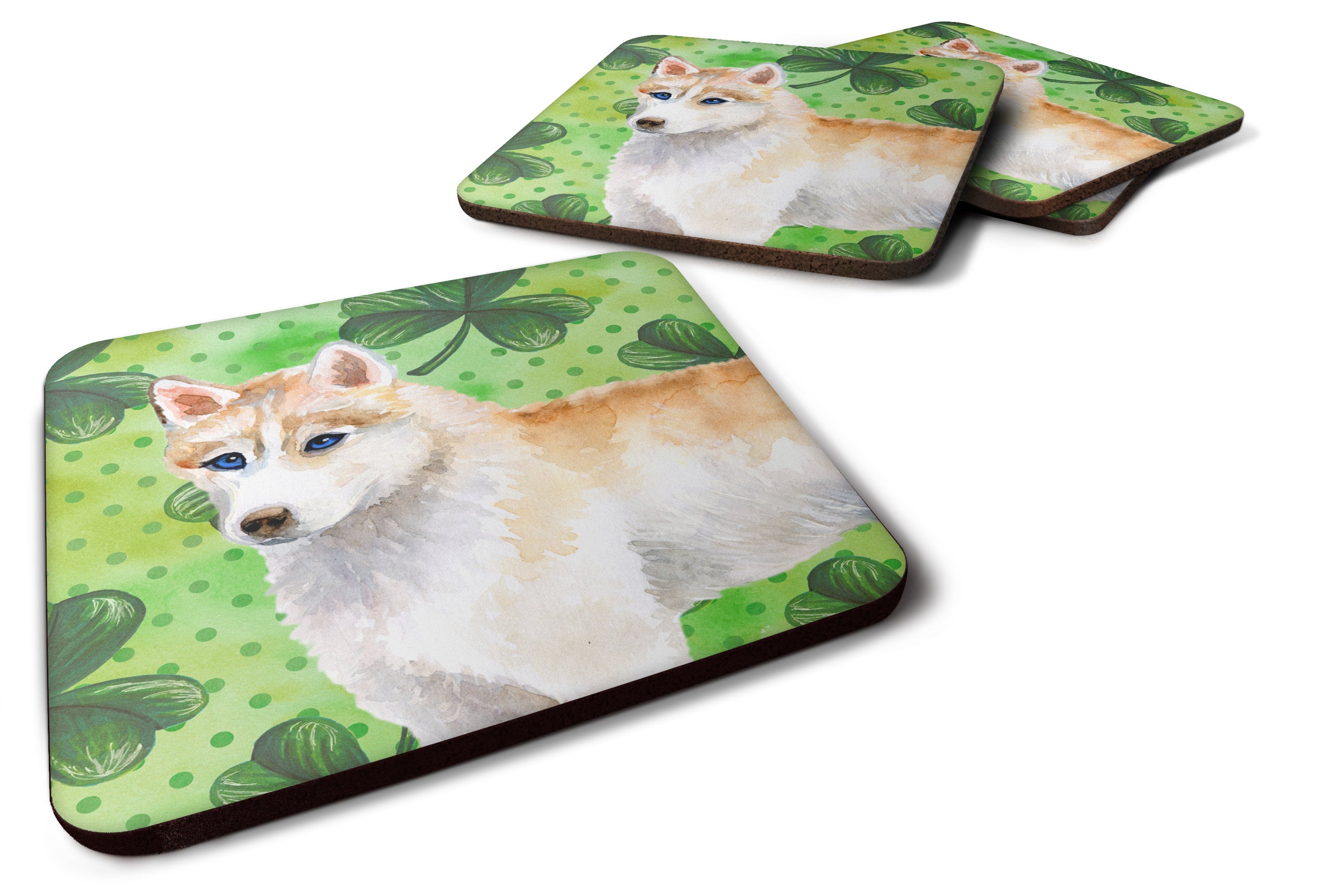 Siberian Husky St Patrick's Foam Coasters Set of 4 Cup Coasters for Indoor Outdoor, Tabletop Protection, Anti Slip, Mouse pad Material