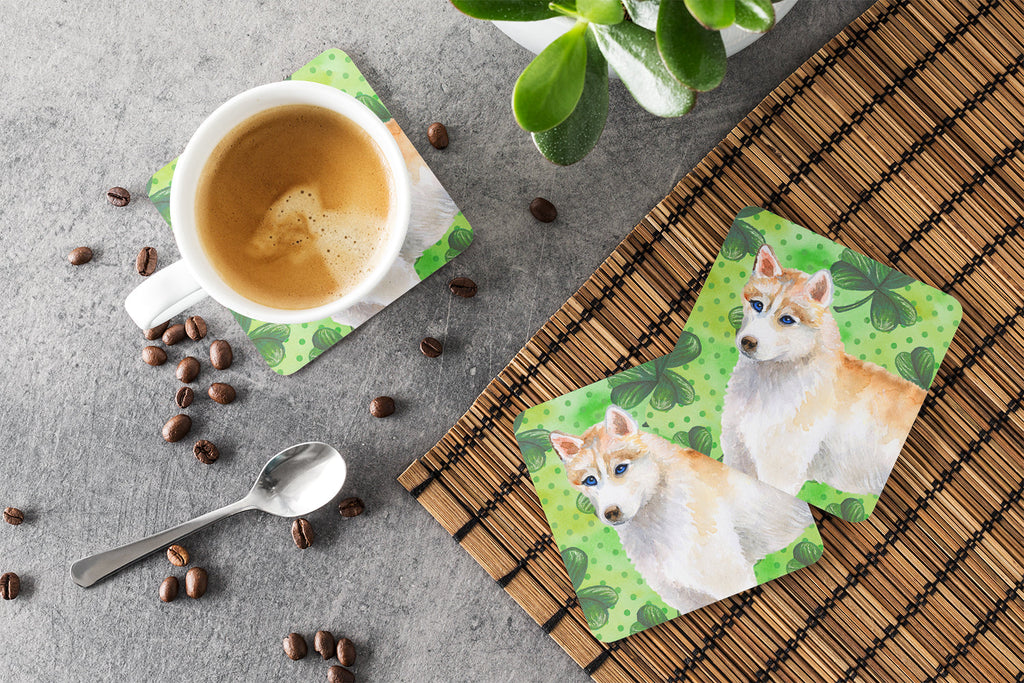 Siberian Husky St Patrick's Foam Coasters Set of 4 Cup Coasters for Indoor Outdoor, Tabletop Protection, Anti Slip, Mouse pad Material