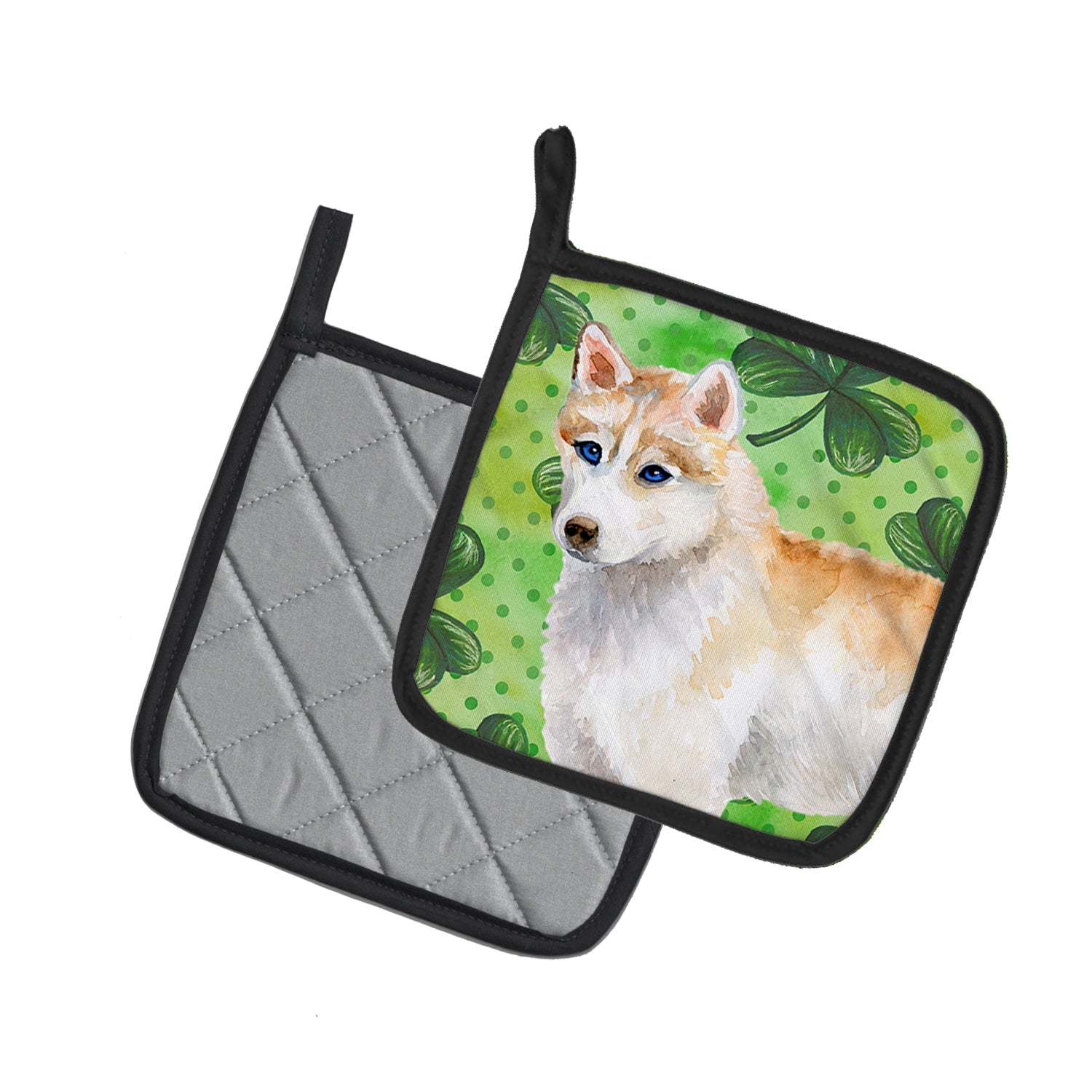Siberian Husky St Patrick's Pot Holder Set of 2 Heat Resistant Quilted Hot Pads 7.5 x 7.5 Inch, Insulated Kitchen Trivets for Cooking & Baking