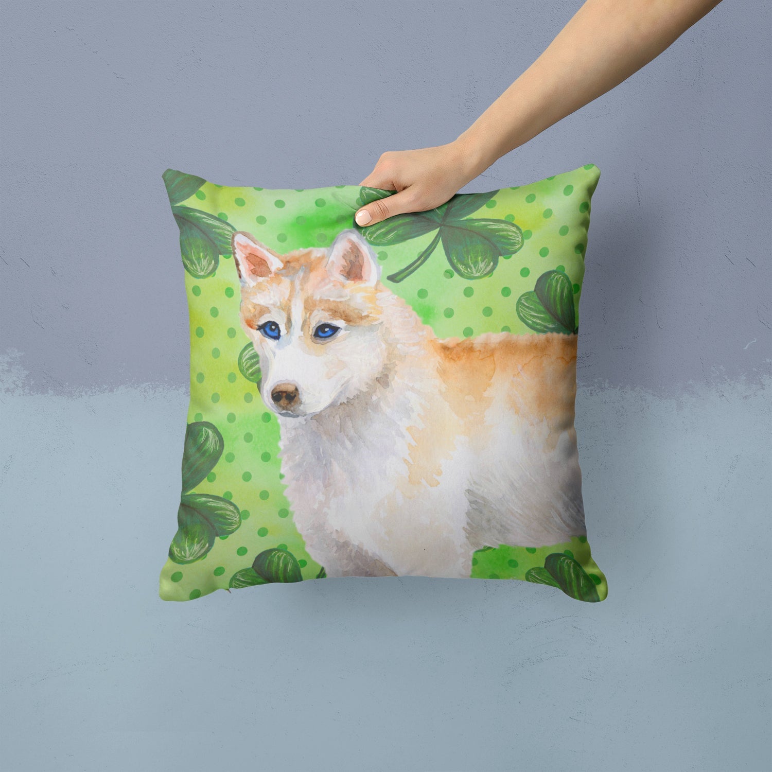 Siberian Husky St Patrick's Decorative Throw Pillow 14x14 Indoor Outdoor Accent Cushion, Fabric Cover with Insert for Sofa, Bed, Porch & Living Room