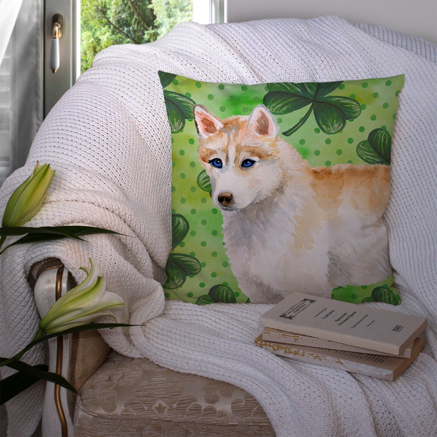 Siberian Husky St Patrick's Decorative Throw Pillow 14x14 Indoor Outdoor Accent Cushion, Fabric Cover with Insert for Sofa, Bed, Porch & Living Room