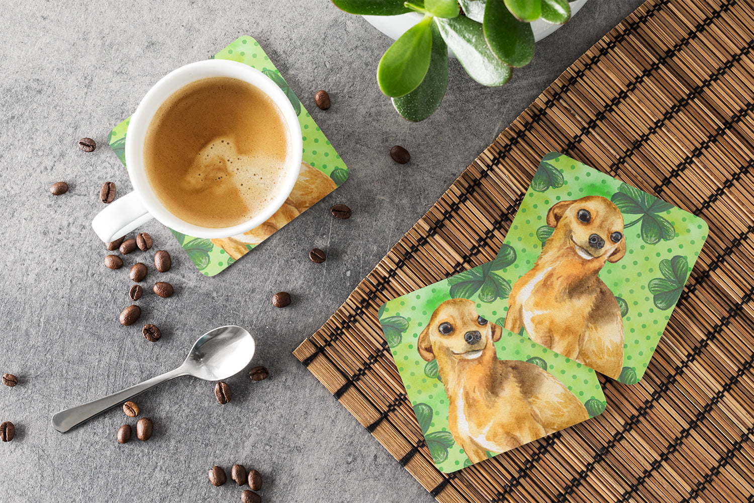 Chihuahua St Patrick's Foam Coasters Set of 4 Cup Coasters for Indoor Outdoor, Tabletop Protection, Anti Slip, Mouse pad Material