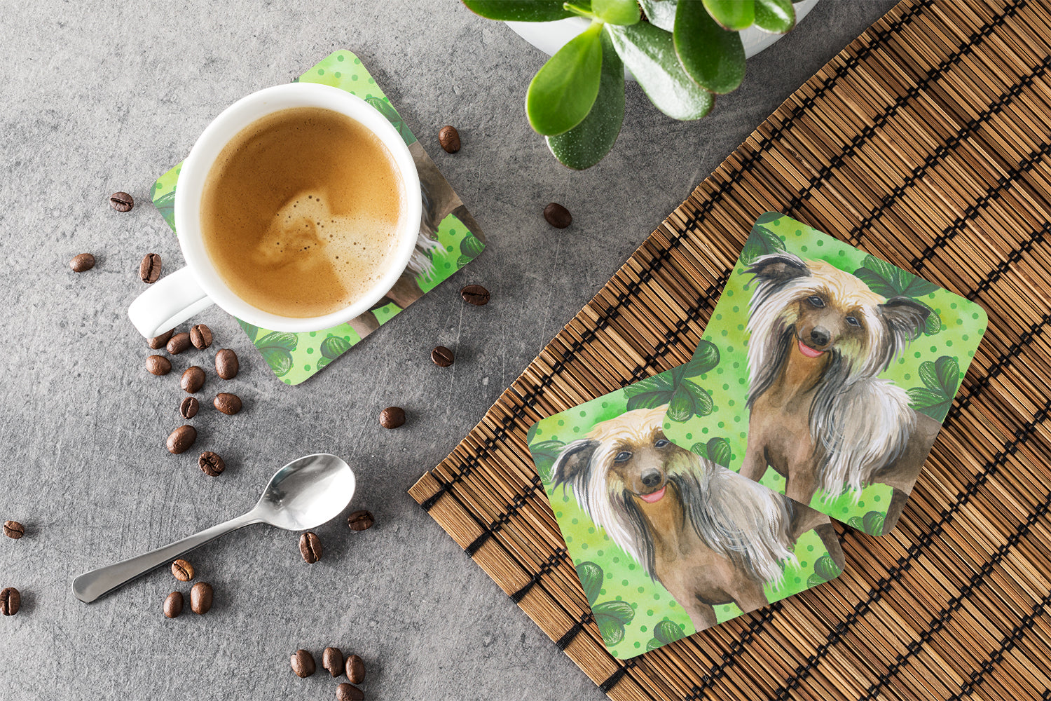 Chinese Crested St Patrick's Foam Coasters Set of 4 Cup Coasters for Indoor Outdoor, Tabletop Protection, Anti Slip, Mouse pad Material