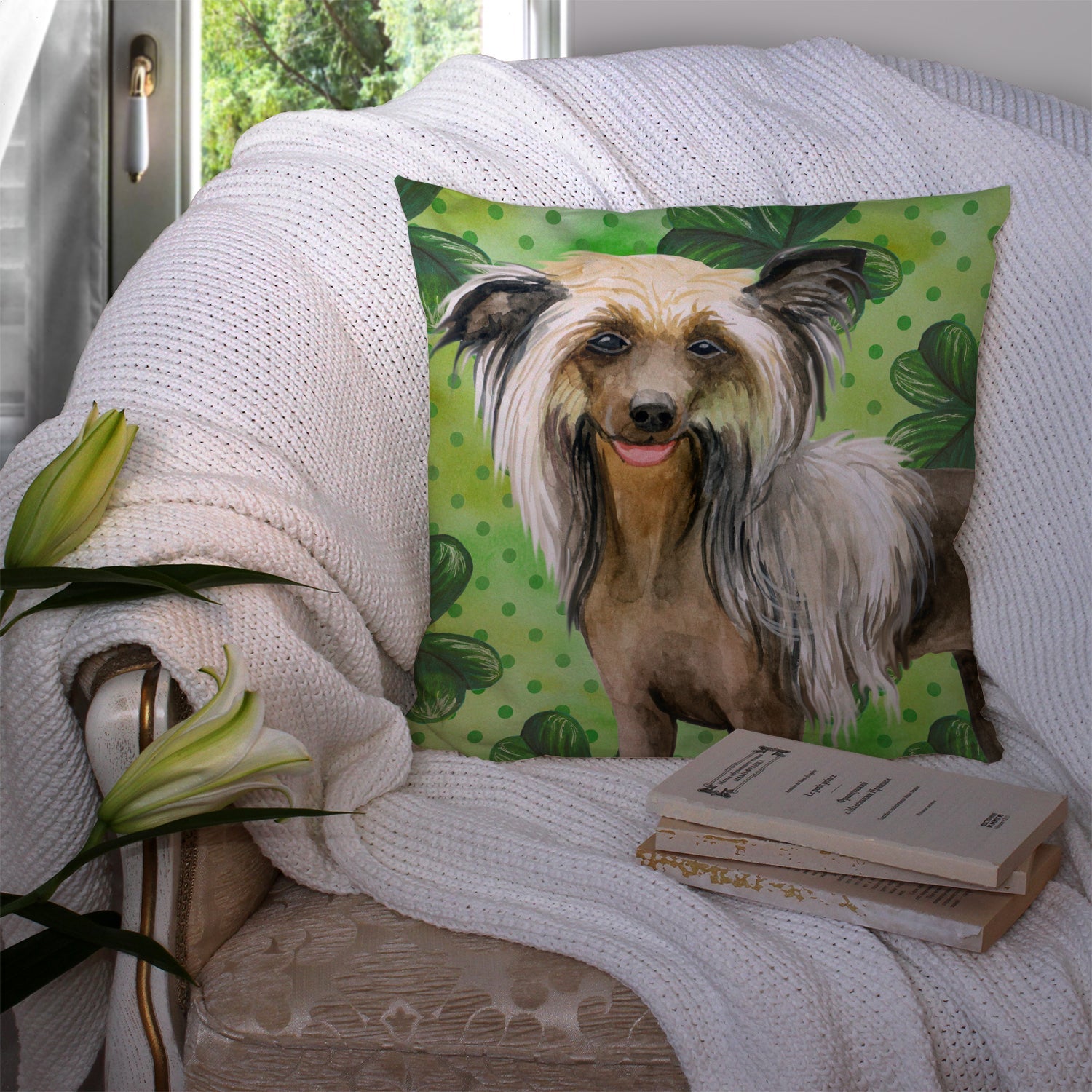 Chinese Crested St Patrick's Decorative Throw Pillow 14x14 Indoor Outdoor Accent Cushion, Fabric Cover with Insert for Sofa, Bed, Porch & Living Room