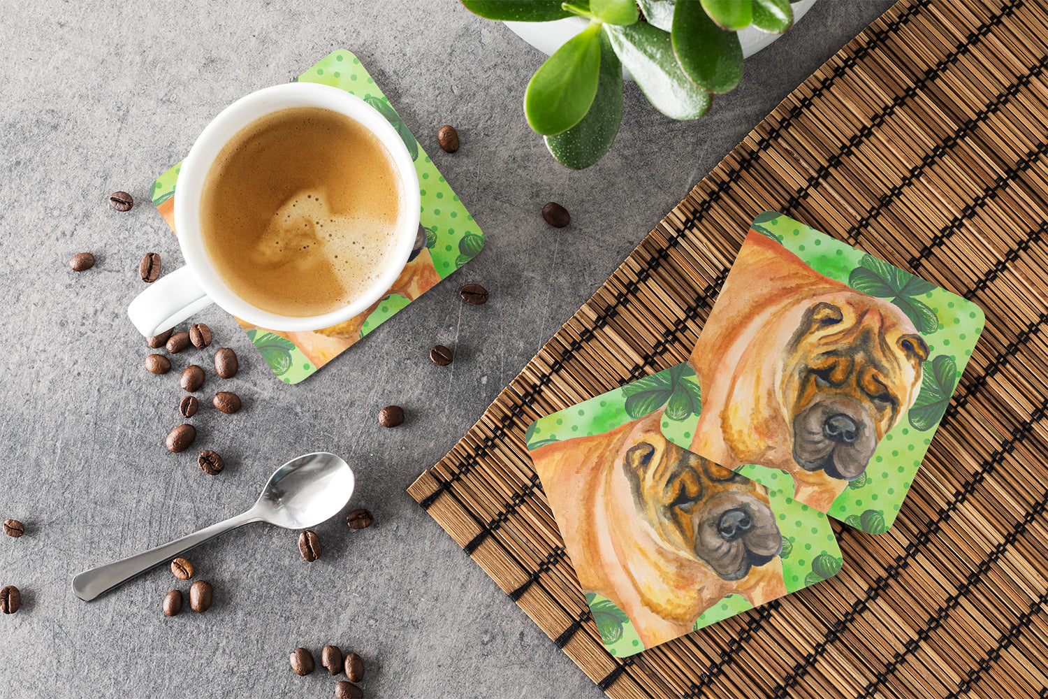Shar Pei St Patrick's Foam Coasters Set of 4 Cup Coasters for Indoor Outdoor, Tabletop Protection, Anti Slip, Mouse pad Material