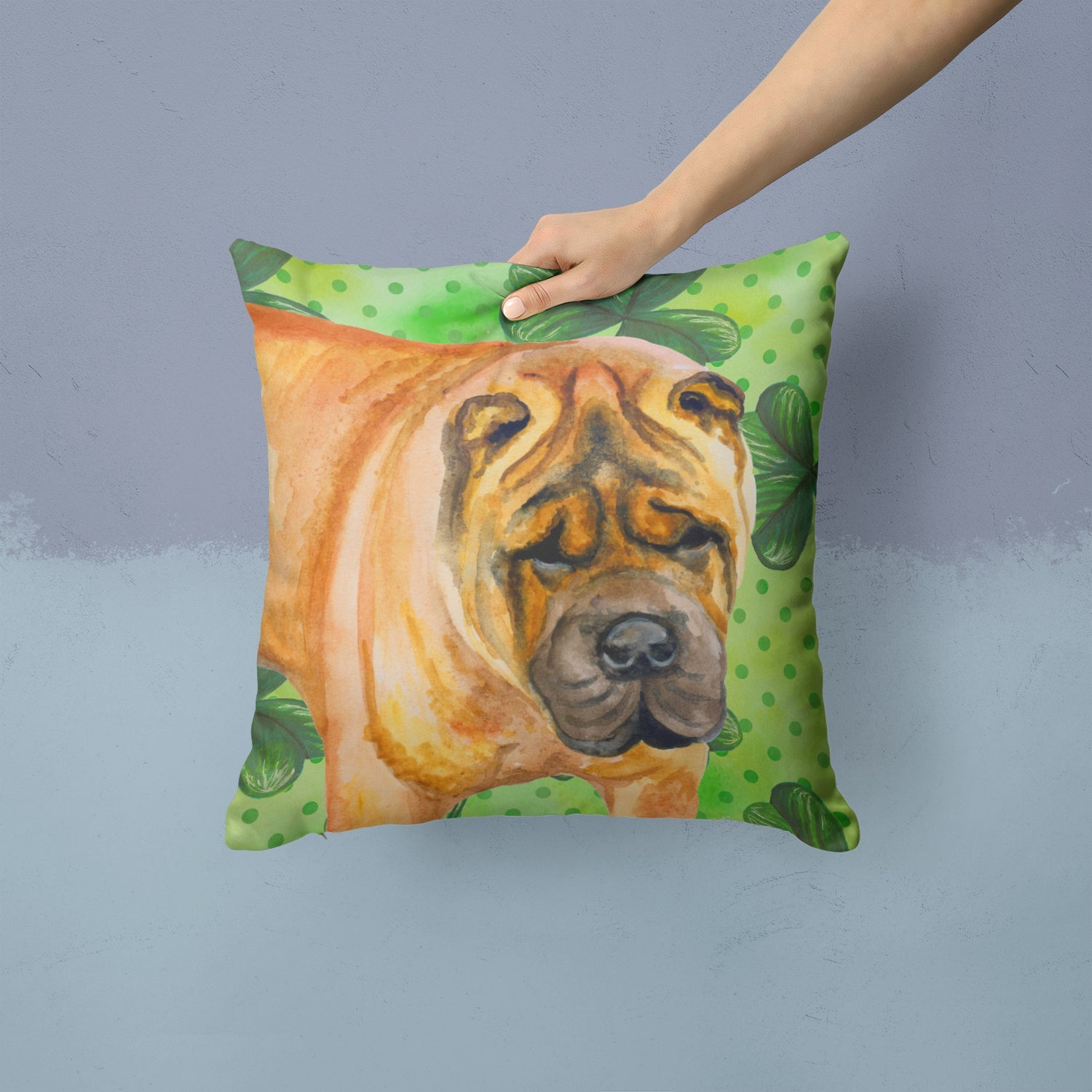 Shar Pei St Patrick's Decorative Throw Pillow 14x14 Indoor Outdoor Accent Cushion, Fabric Cover with Insert for Sofa, Bed, Porch & Living Room