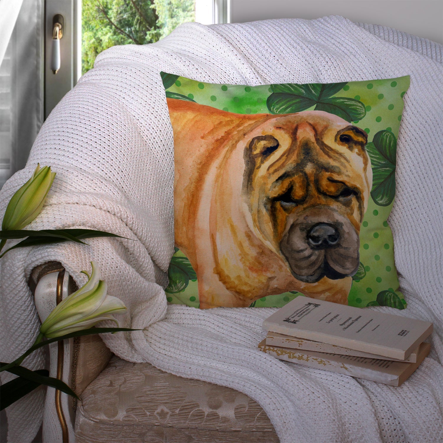 Shar Pei St Patrick's Decorative Throw Pillow 14x14 Indoor Outdoor Accent Cushion, Fabric Cover with Insert for Sofa, Bed, Porch & Living Room