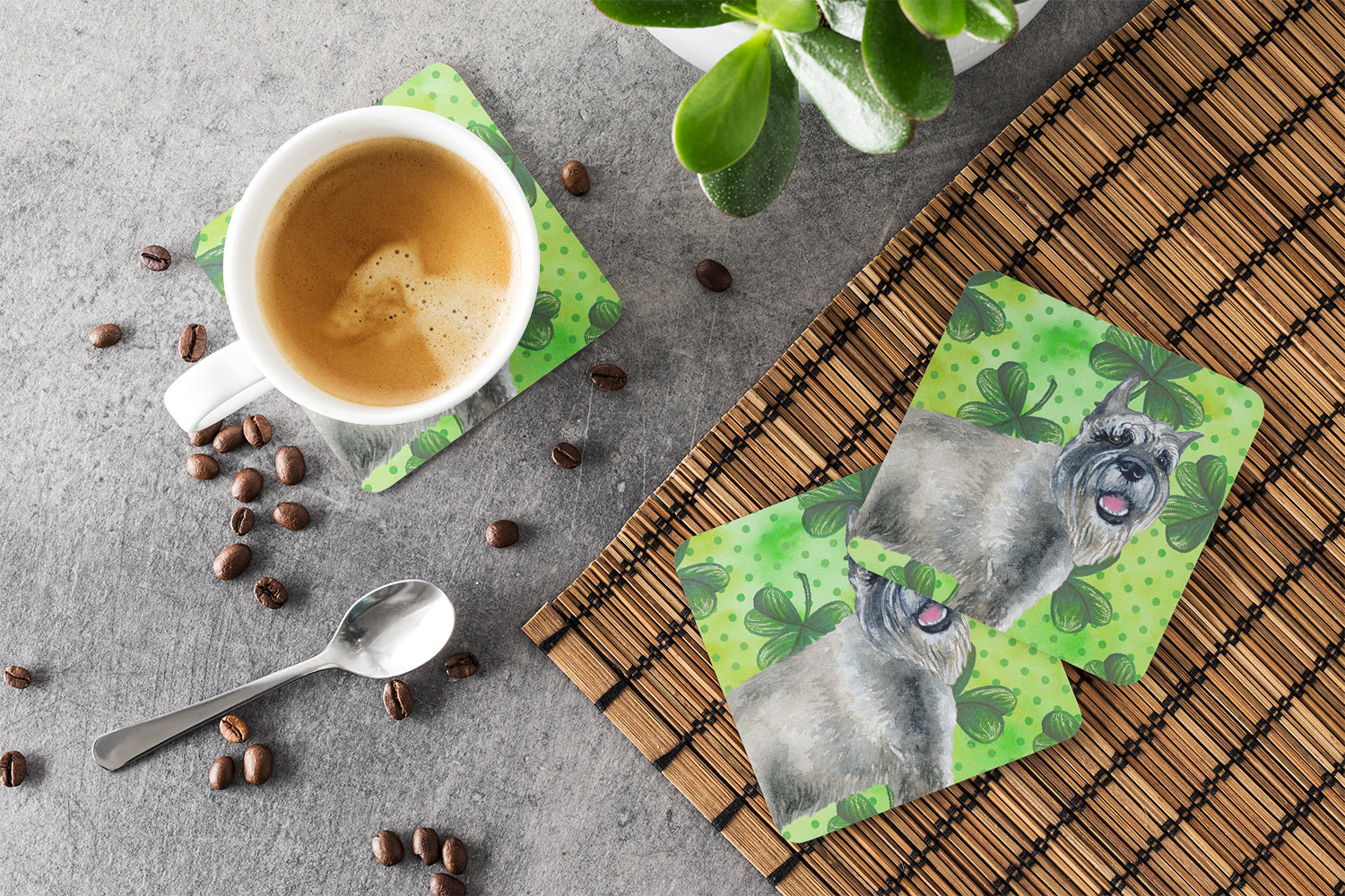 Schnauzer St Patrick's Foam Coasters Set of 4 Cup Coasters for Indoor Outdoor, Tabletop Protection, Anti Slip, Mouse pad Material