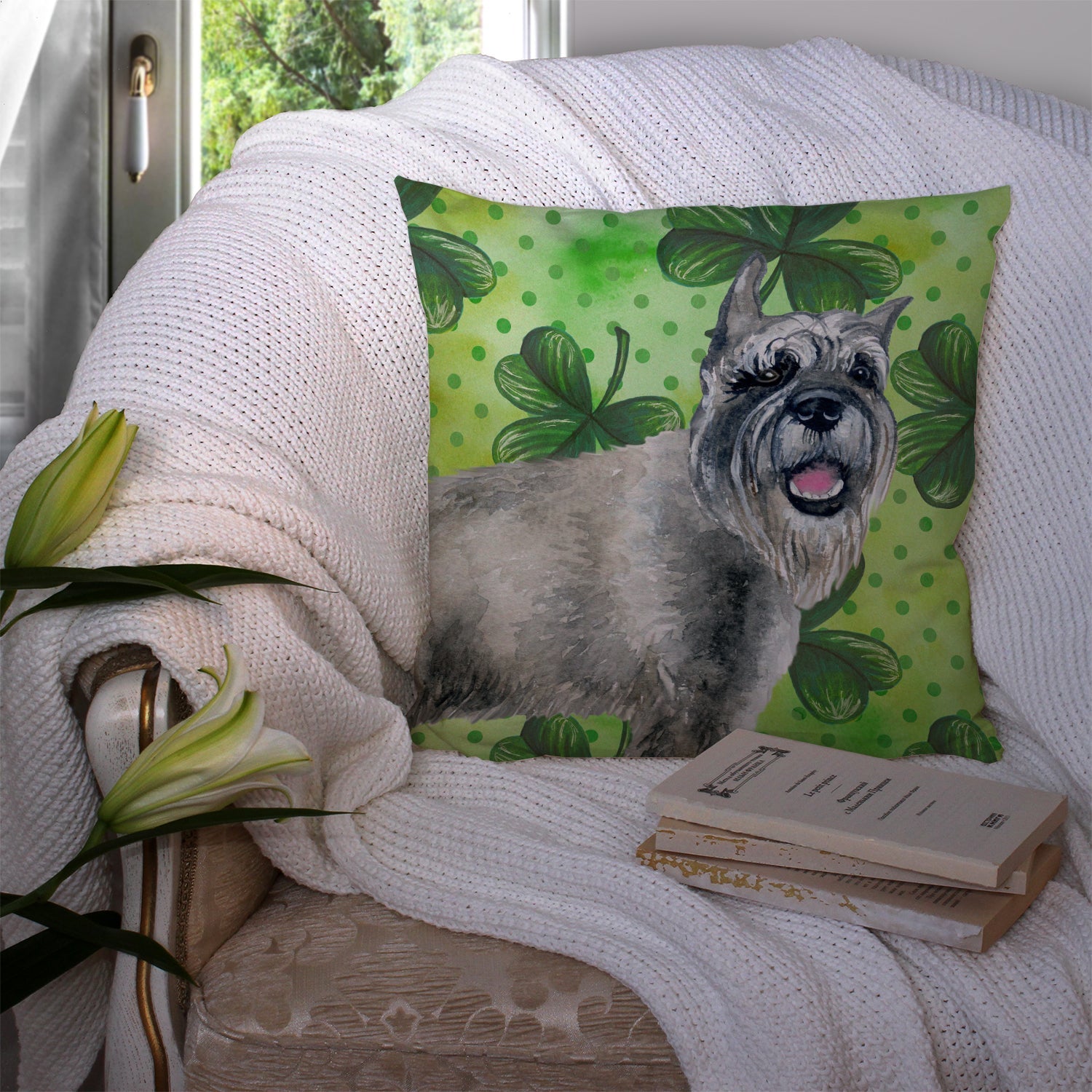 Schnauzer St Patrick's Decorative Throw Pillow 14x14 Indoor Outdoor Accent Cushion, Fabric Cover with Insert for Sofa, Bed, Porch & Living Room