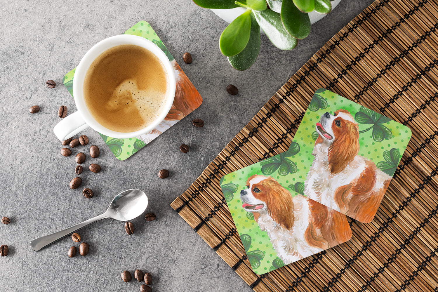 Cavalier Spaniel St Patrick's Foam Coasters Set of 4 Cup Coasters for Indoor Outdoor, Tabletop Protection, Anti Slip, Mouse pad Material