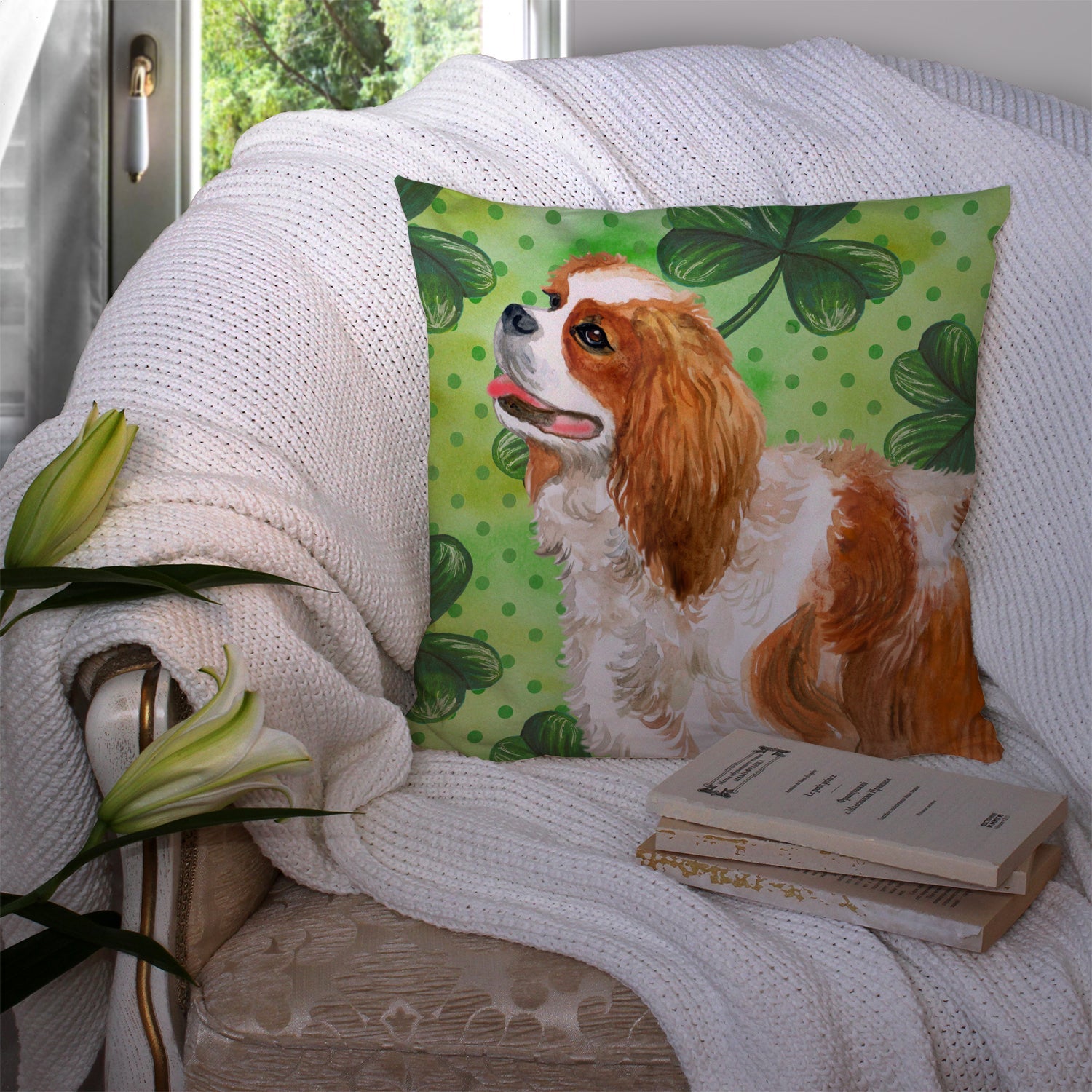 Cavalier Spaniel St Patrick's Decorative Throw Pillow 14x14 Indoor Outdoor Accent Cushion, Fabric Cover with Insert for Sofa, Bed, Porch & Living Room