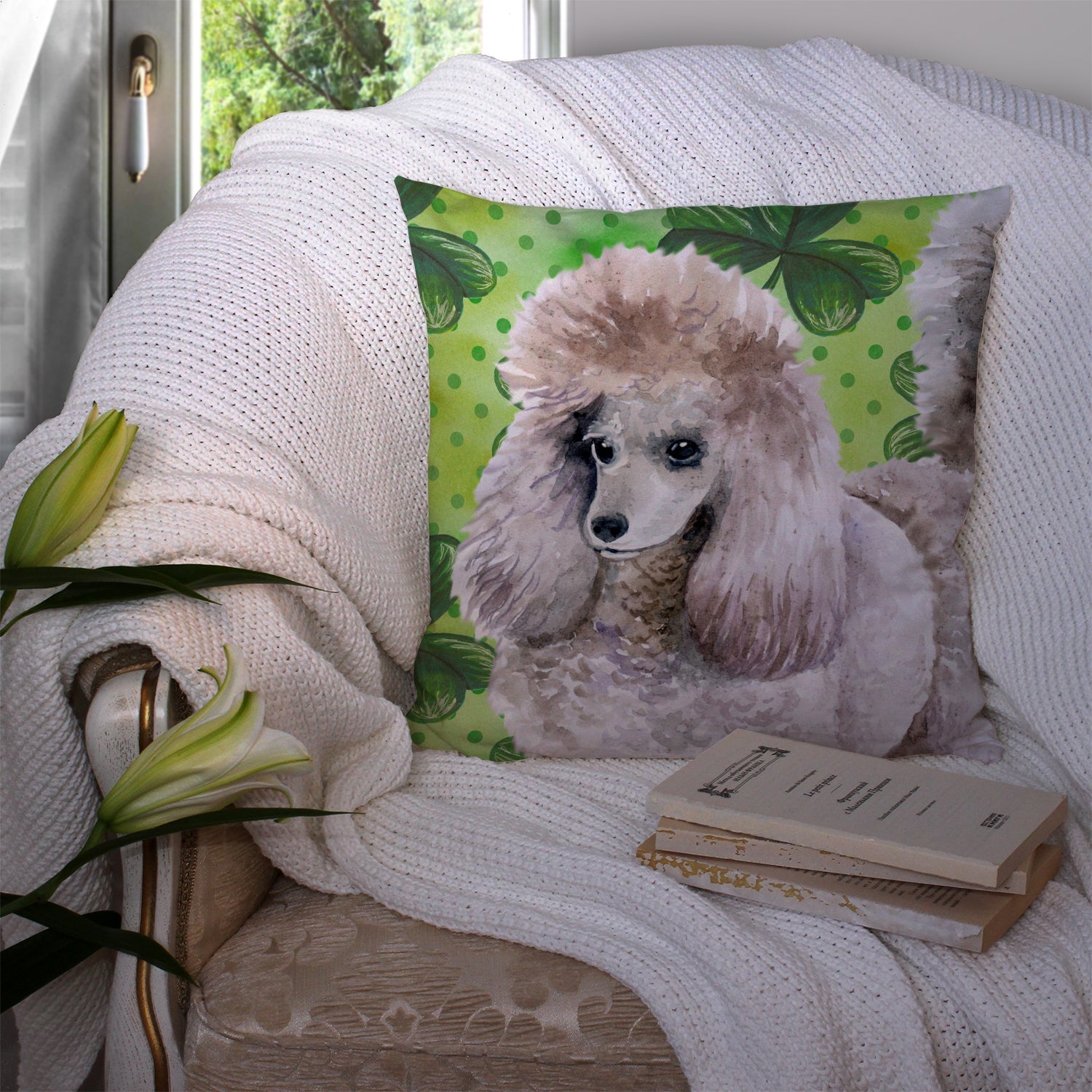 Poodle St Patrick's Decorative Throw Pillow 14x14 Indoor Outdoor Accent Cushion, Fabric Cover with Insert for Sofa, Bed, Porch & Living Room