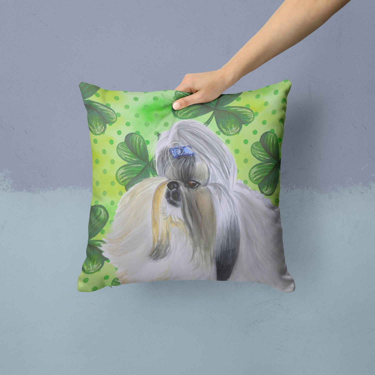 Shih Tzu St Patrick's Decorative Throw Pillow 14x14 Indoor Outdoor Accent Cushion, Fabric Cover with Insert for Sofa, Bed, Porch & Living Room