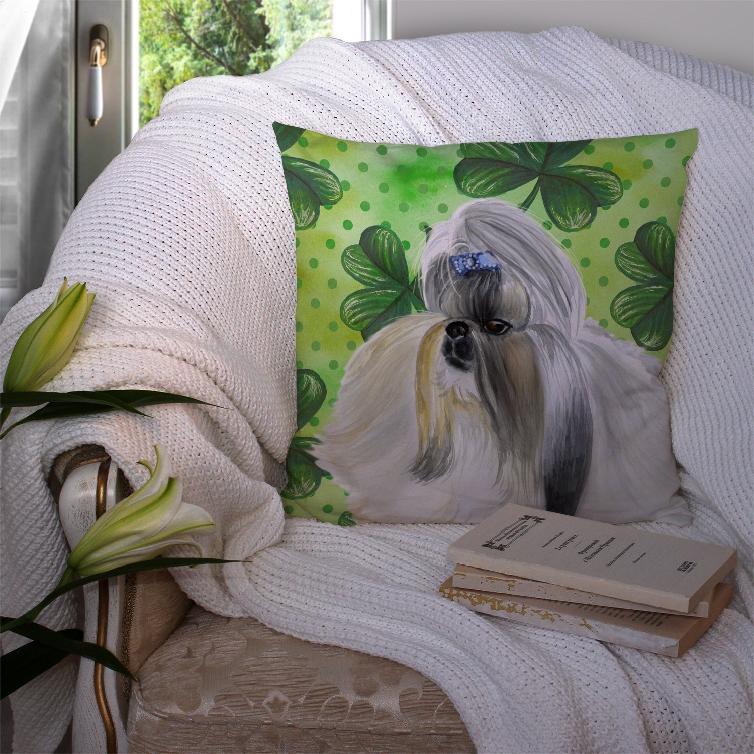 Shih Tzu St Patrick's Decorative Throw Pillow 14x14 Indoor Outdoor Accent Cushion, Fabric Cover with Insert for Sofa, Bed, Porch & Living Room