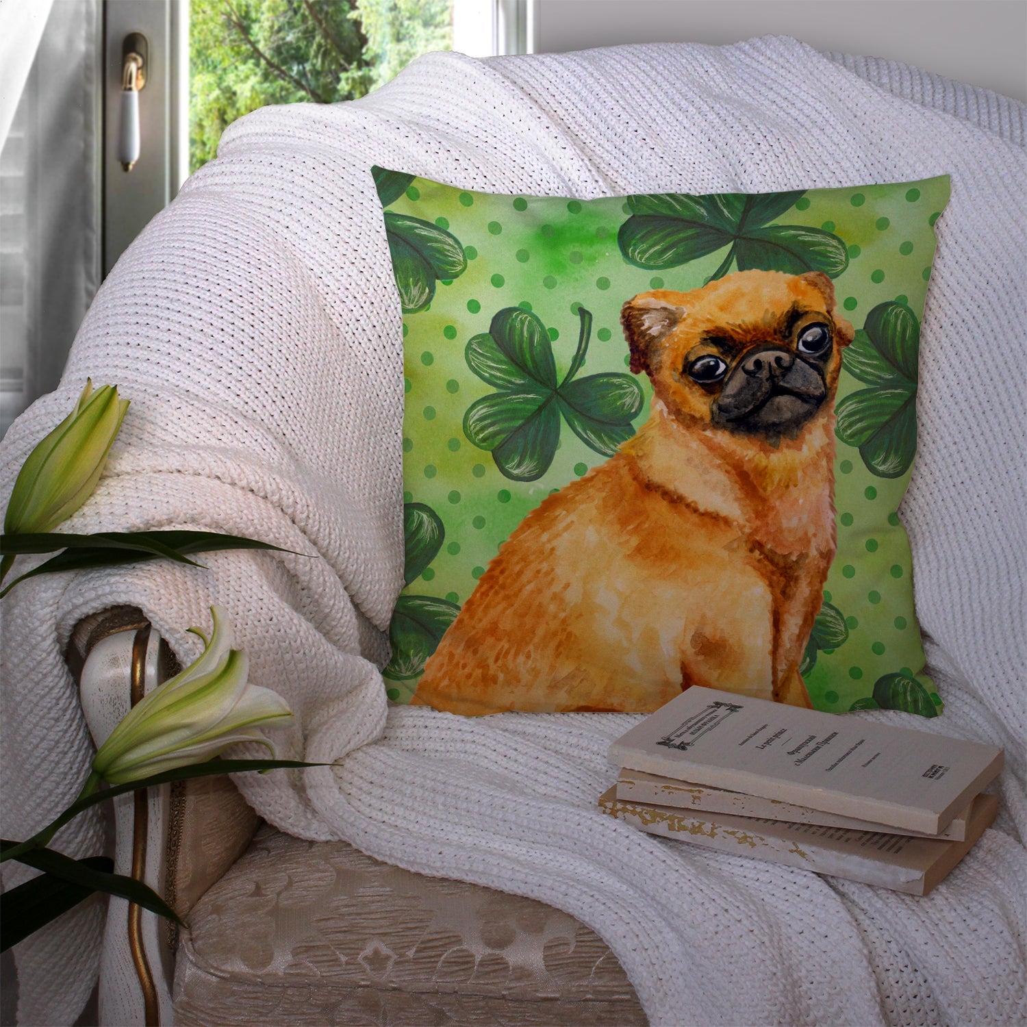 Small Brabant Griffon St Patrick's Decorative Throw Pillow 14x14 Indoor Outdoor Accent Cushion, Fabric Cover with Insert for Sofa, Bed, Porch & Living Room