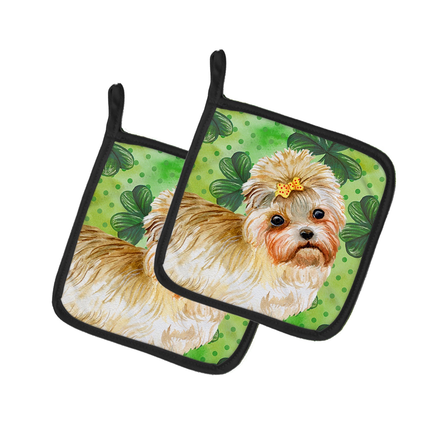 Morkie St Patrick's Pot Holder Set of 2 Heat Resistant Quilted Hot Pads 7.5 x 7.5 Inch, Insulated Kitchen Trivets for Cooking & Baking