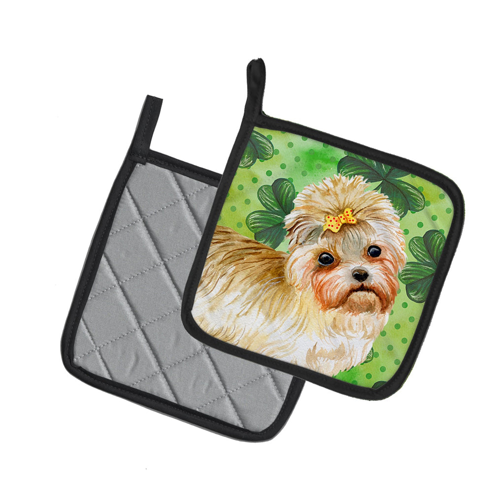 Morkie St Patrick's Pot Holder Set of 2 Heat Resistant Quilted Hot Pads 7.5 x 7.5 Inch, Insulated Kitchen Trivets for Cooking & Baking