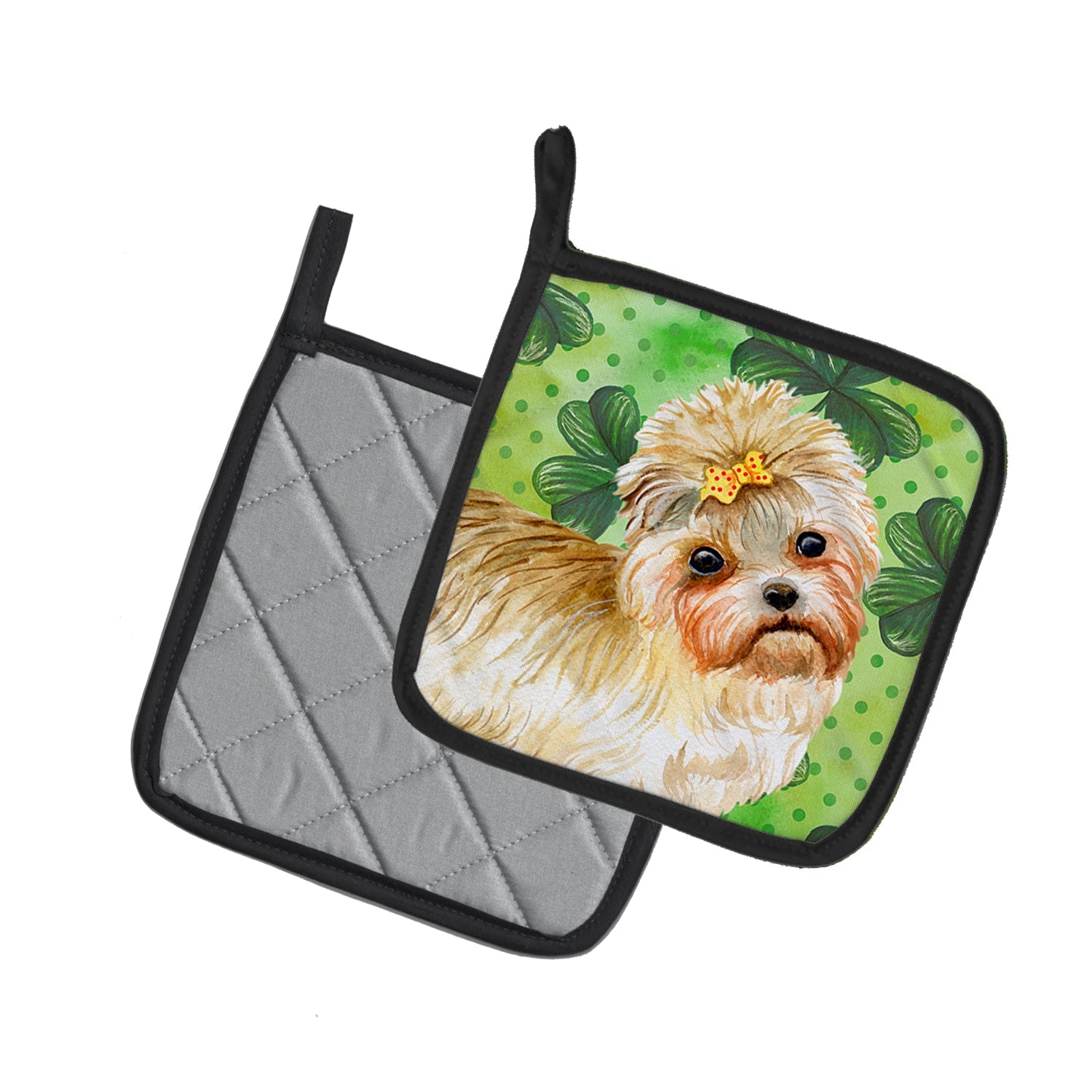 Morkie St Patrick's Pot Holder Set of 2 Heat Resistant Quilted Hot Pads 7.5 x 7.5 Inch, Insulated Kitchen Trivets for Cooking & Baking