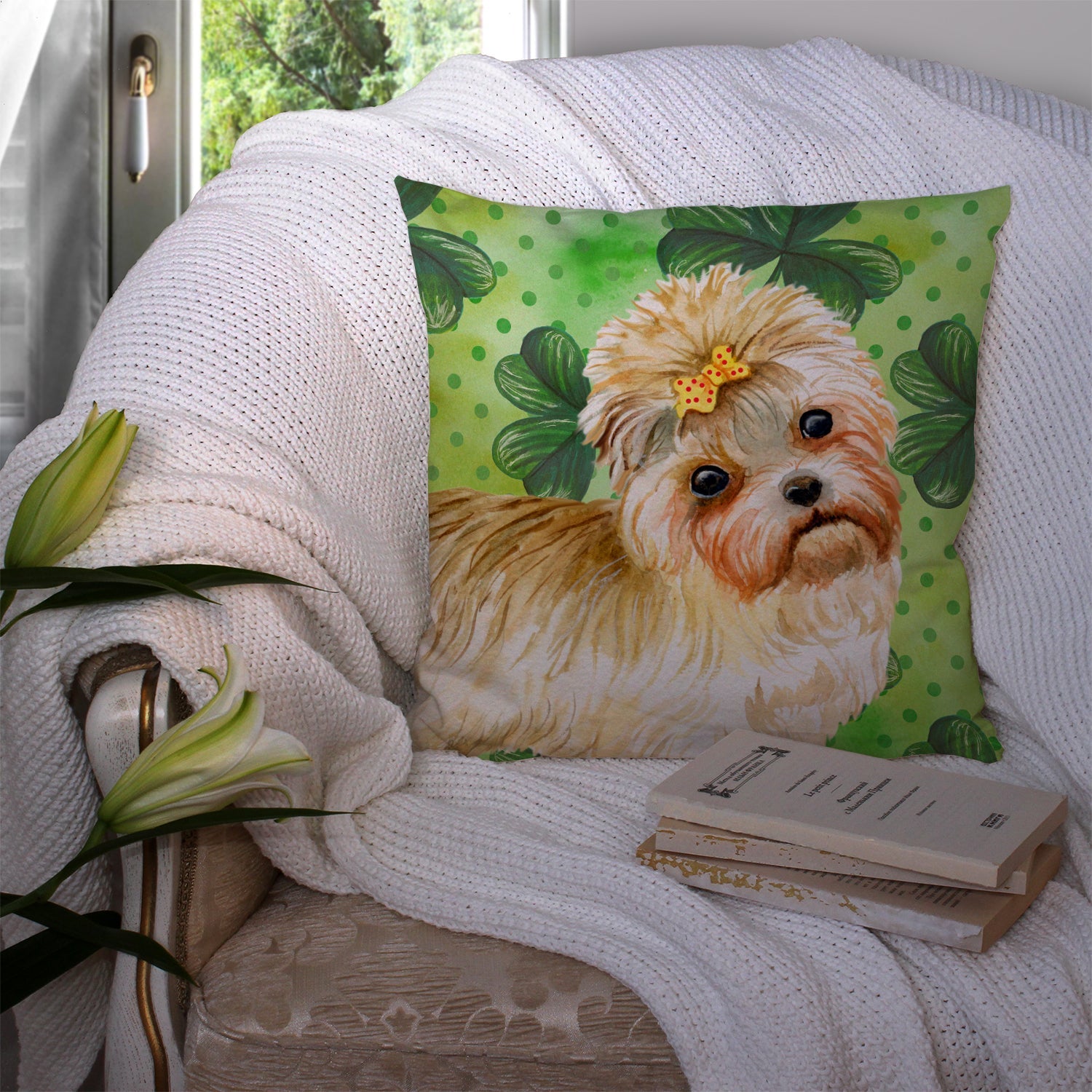 Morkie St Patrick's Decorative Throw Pillow 14x14 Indoor Outdoor Accent Cushion, Fabric Cover with Insert for Sofa, Bed, Porch & Living Room