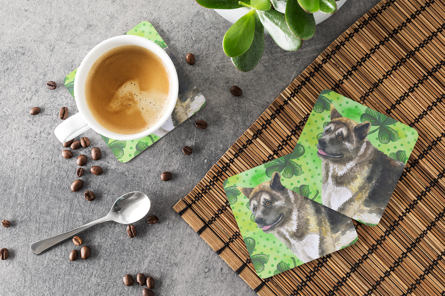 American Akita St Patrick's Foam Coasters Set of 4 Cup Coasters for Indoor Outdoor, Tabletop Protection, Anti Slip, Mouse pad Material