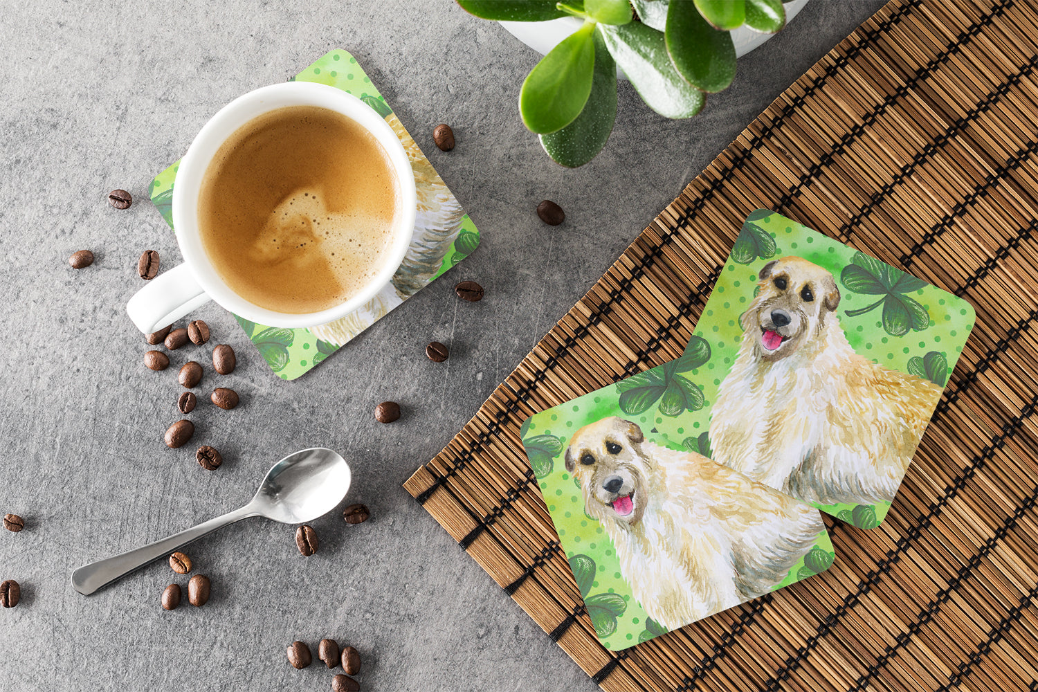 Irish Wolfhound St Patrick's Foam Coasters Set of 4 Cup Coasters for Indoor Outdoor, Tabletop Protection, Anti Slip, Mouse pad Material